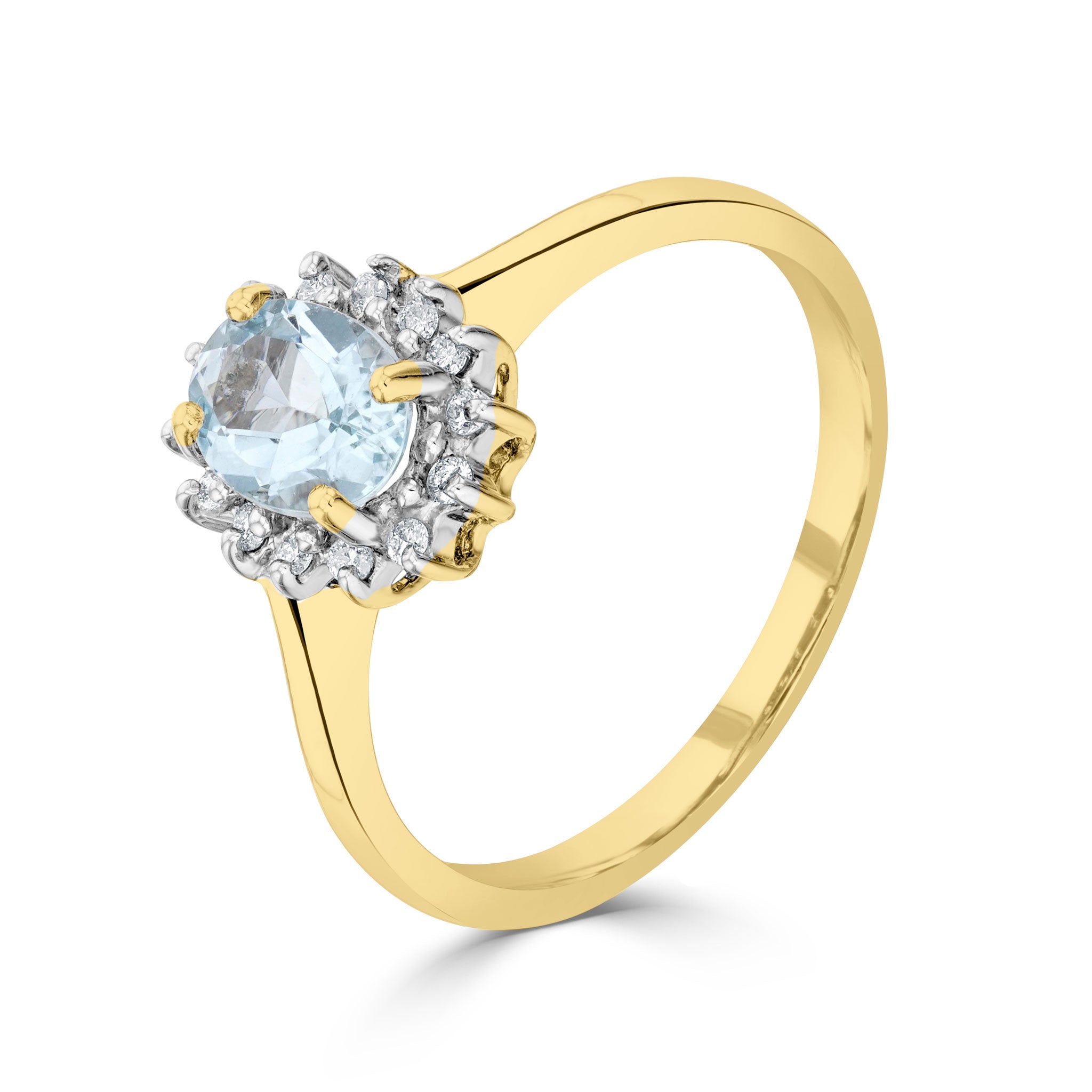 9CT YG 7X5 OVAL AQUA & DIAMOND CLAW SET CLUSTER RING. RHODIUM TO DIAMONDS