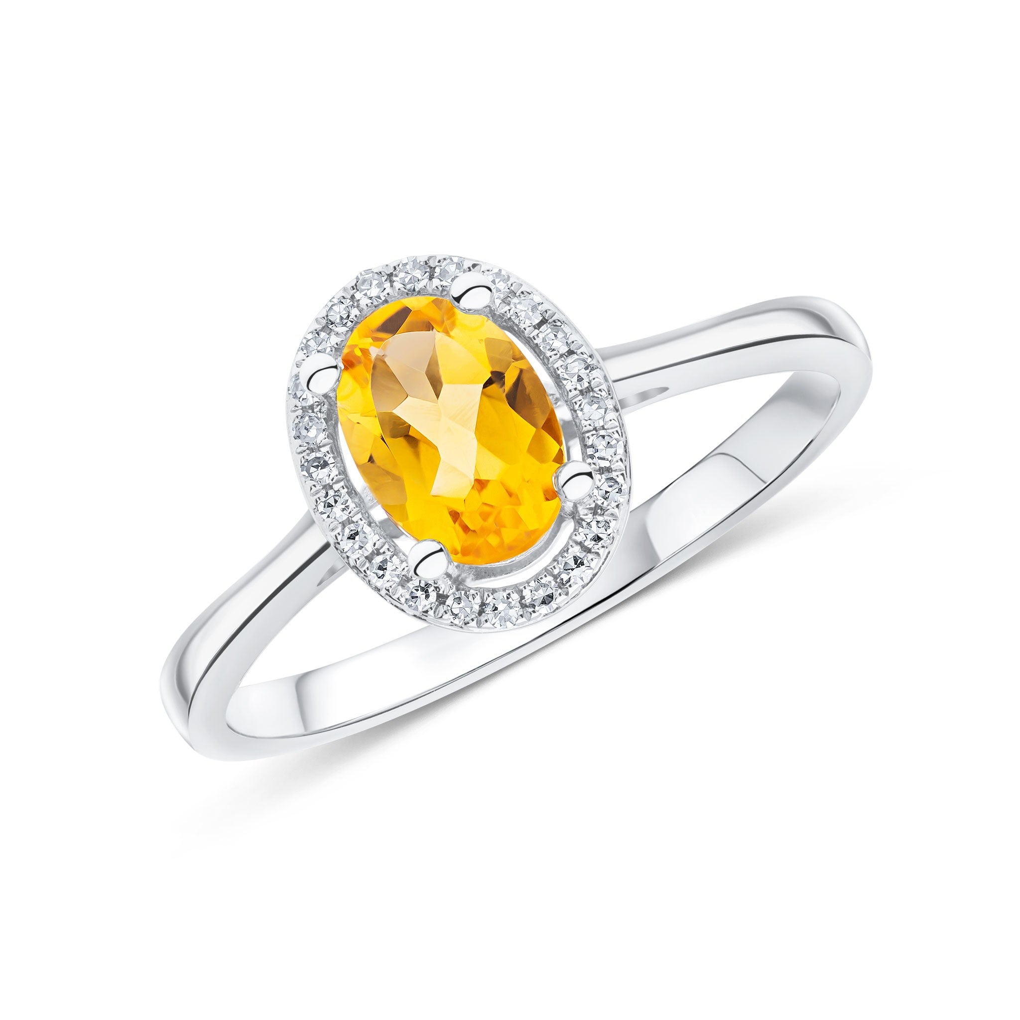 9CT WG 7X5 OVAL CITRINE & ROUND DIAMOND HALO CLUSTER RING