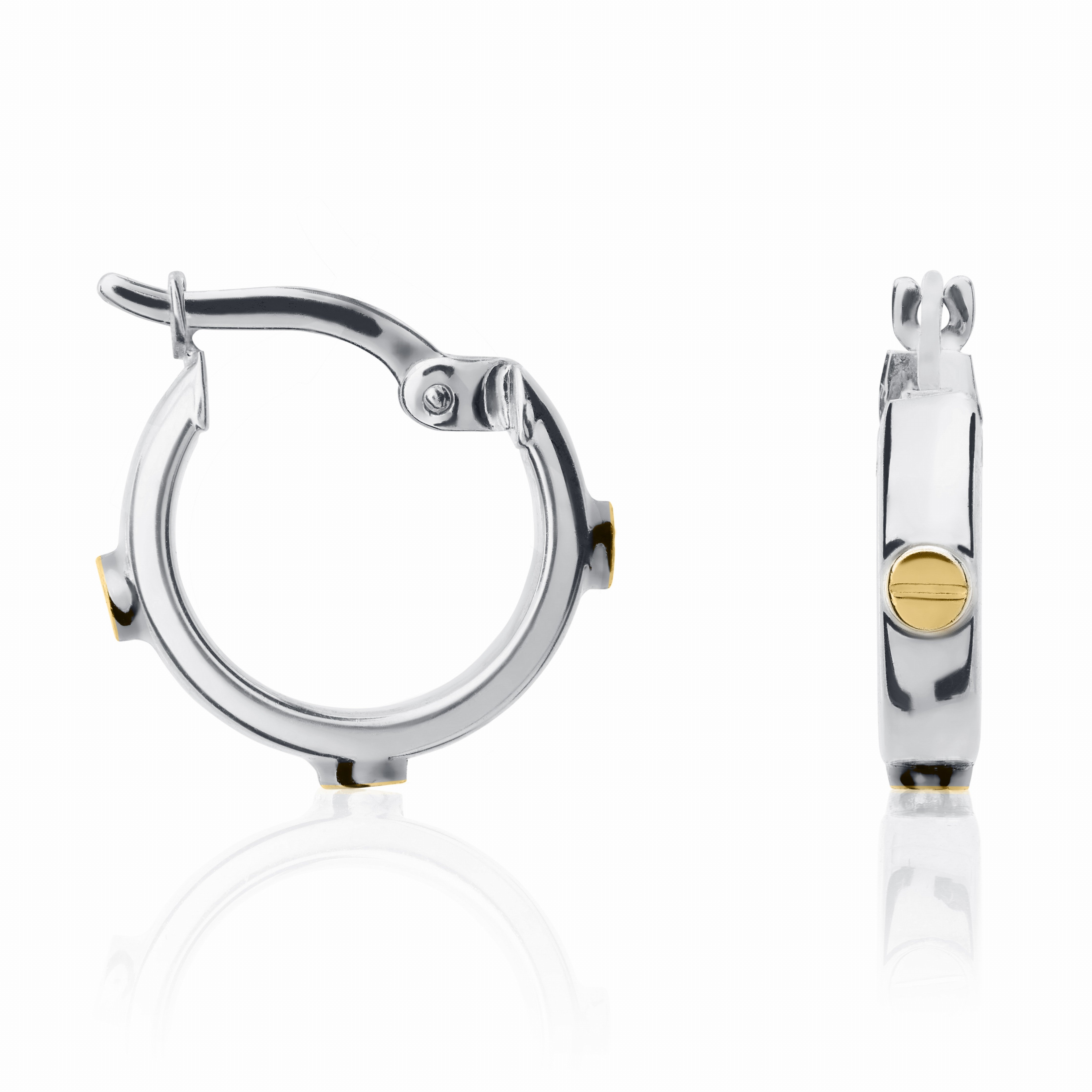 9CT WG SQUARE PROFILE HOOP EARRINGS WITH YG SCREW MOTIFS.13MM OUTER DIAMETER