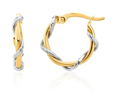 9CT YELLOW GOLD TUBE WITH WHITE GOLD WIRE TWIST HOOP EARRINGS