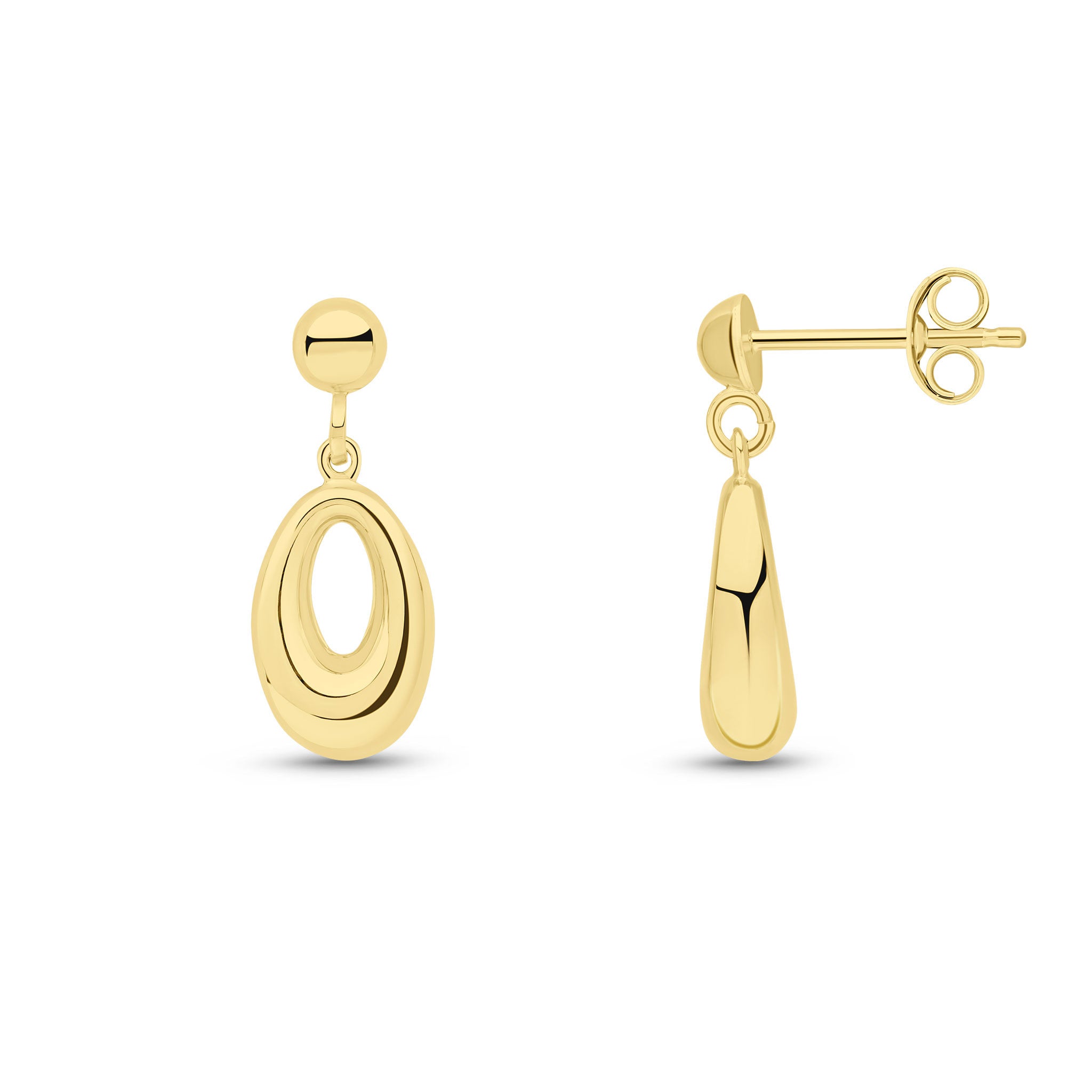 9CT YG OVAL OPEN PEARSHAPE DROP EARRINGS WITH HALF BEAD TOP