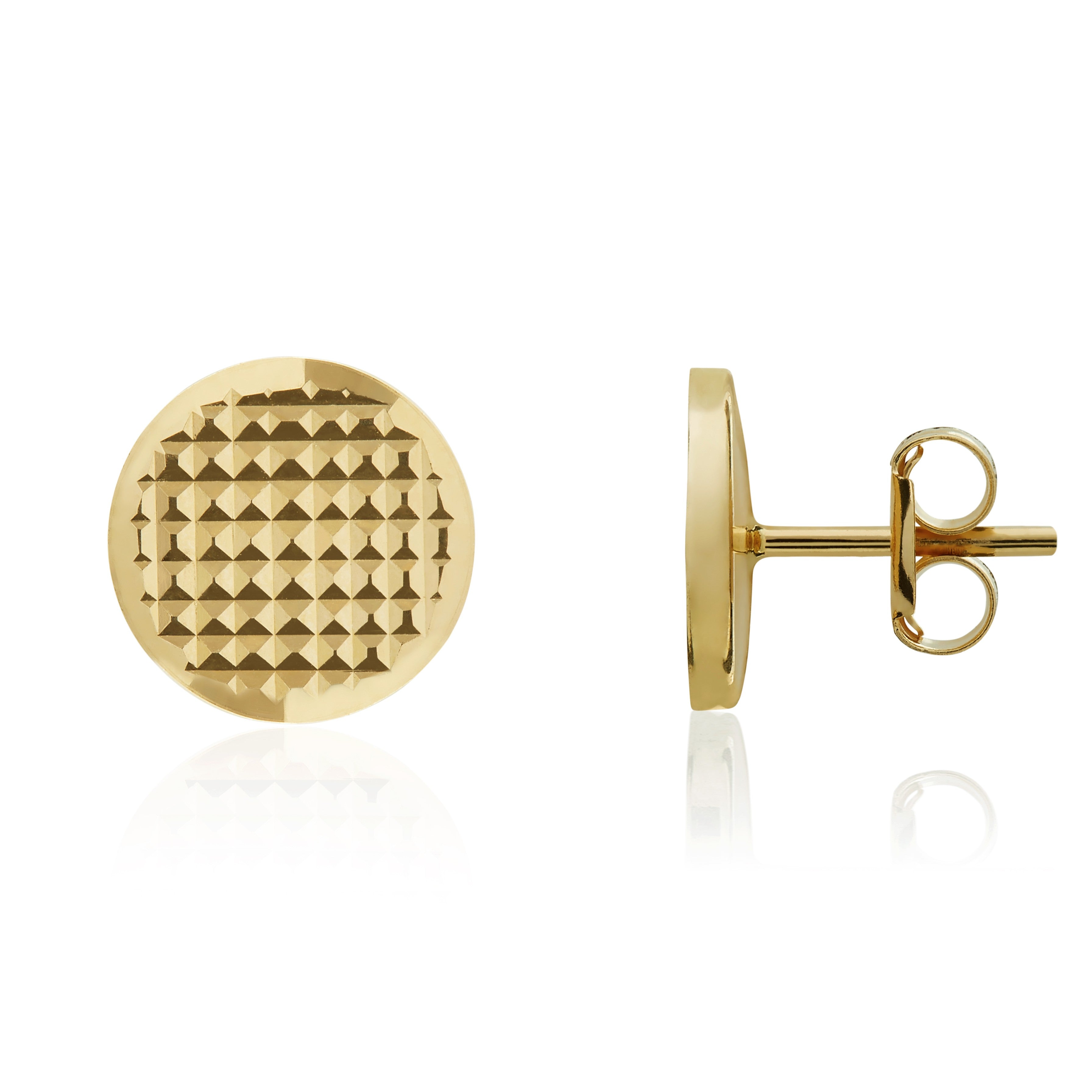 18CT YG 8.5MM ENGINE TURNED FLAT DISC EARRINGS WITH POLISHED BEVELLED EDGE