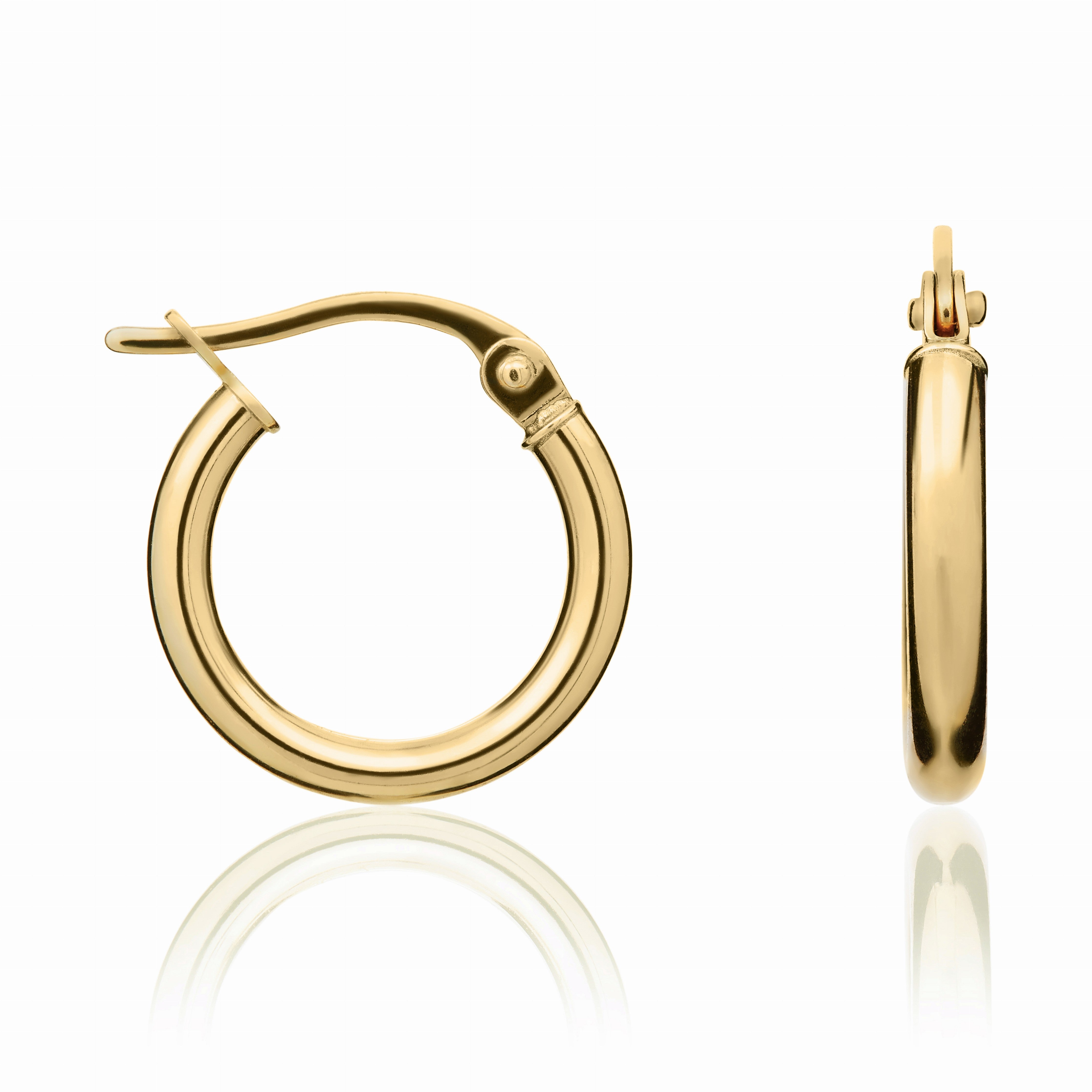 18CT YG POLISHED 2MM ROUND TUBE HOOP EARRINGS. 14MM OUTER DIAMETER