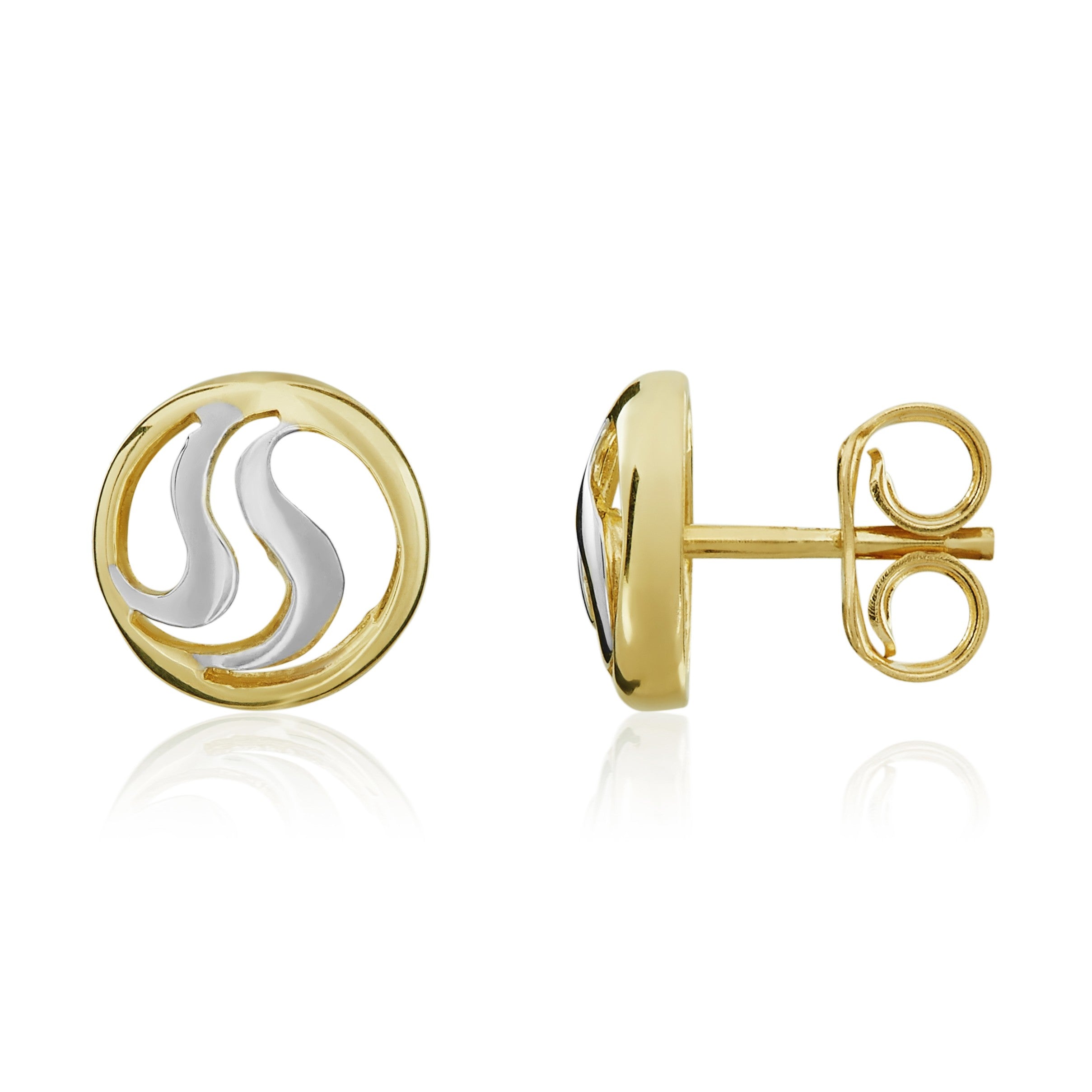 9CT YELLOW GOLD CIRCLE WITH WHITE GOLD DOUBLE SQUIGGLE CENTRE STUD EARRINGS