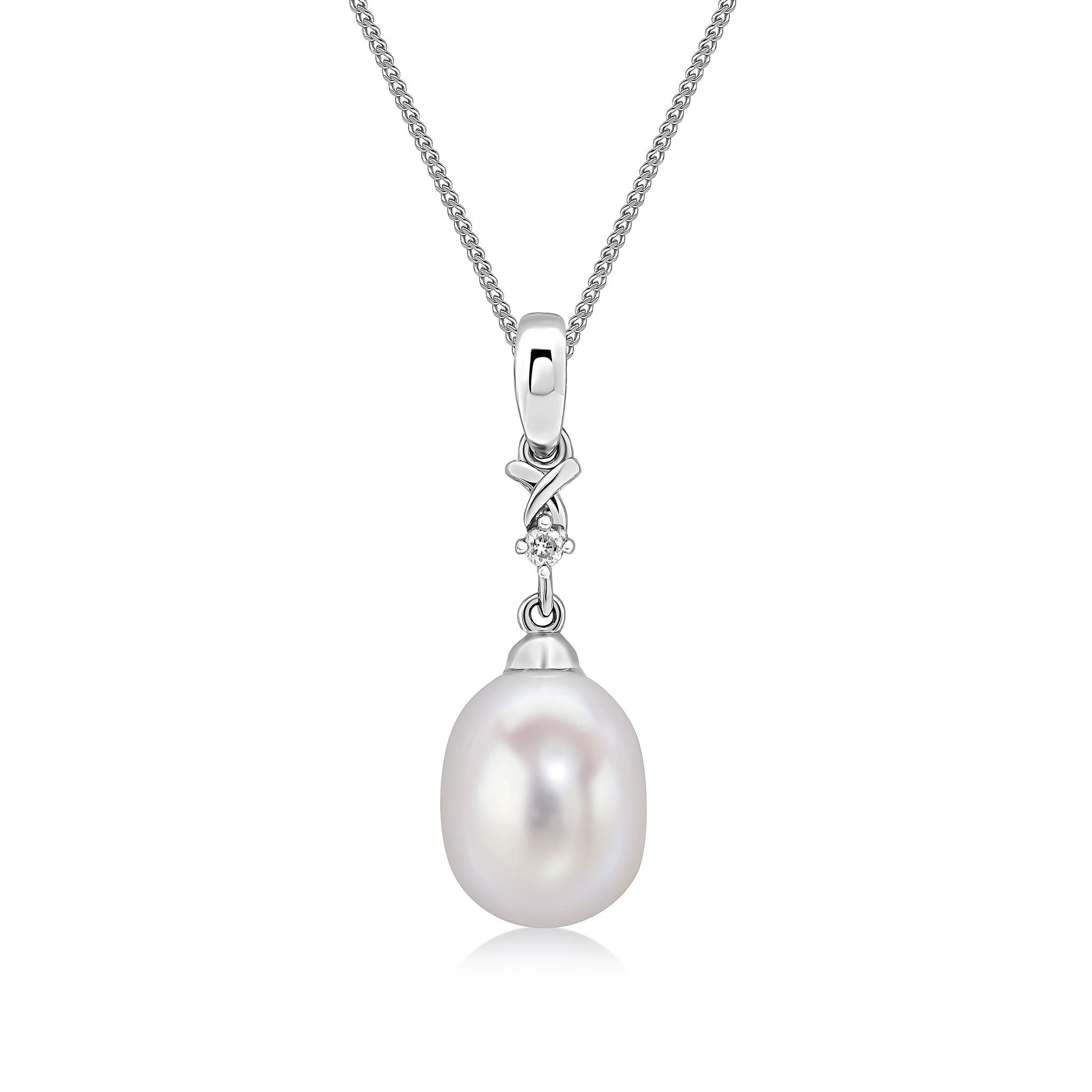 9CT WHITE GOLD CULTURED FRESHWATER PEARL AND DIAMOND 2ST PENDANT WITH PLAIN LOOP TOP