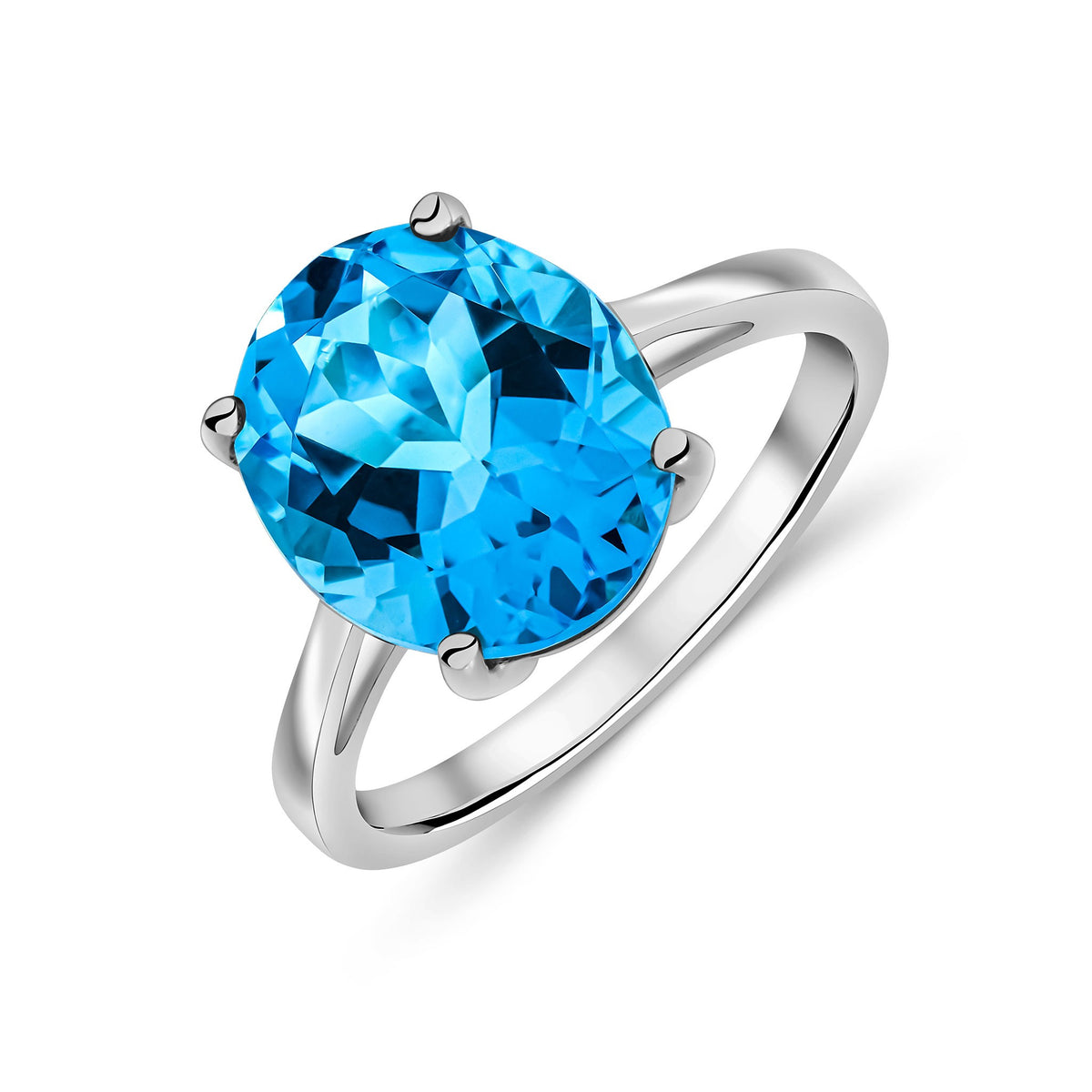 9CT WG 12X10MM OVAL SWISS BLUE TOPAZ CLAW SET SINGLE STONE RING