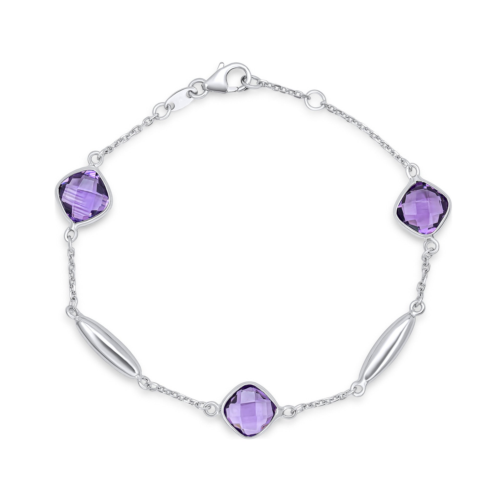 9CT WG CHECKERBOARD CUSHION AMETHYST, POLISHED TORPEDO MOTIF AND CHAIN BRACELET
