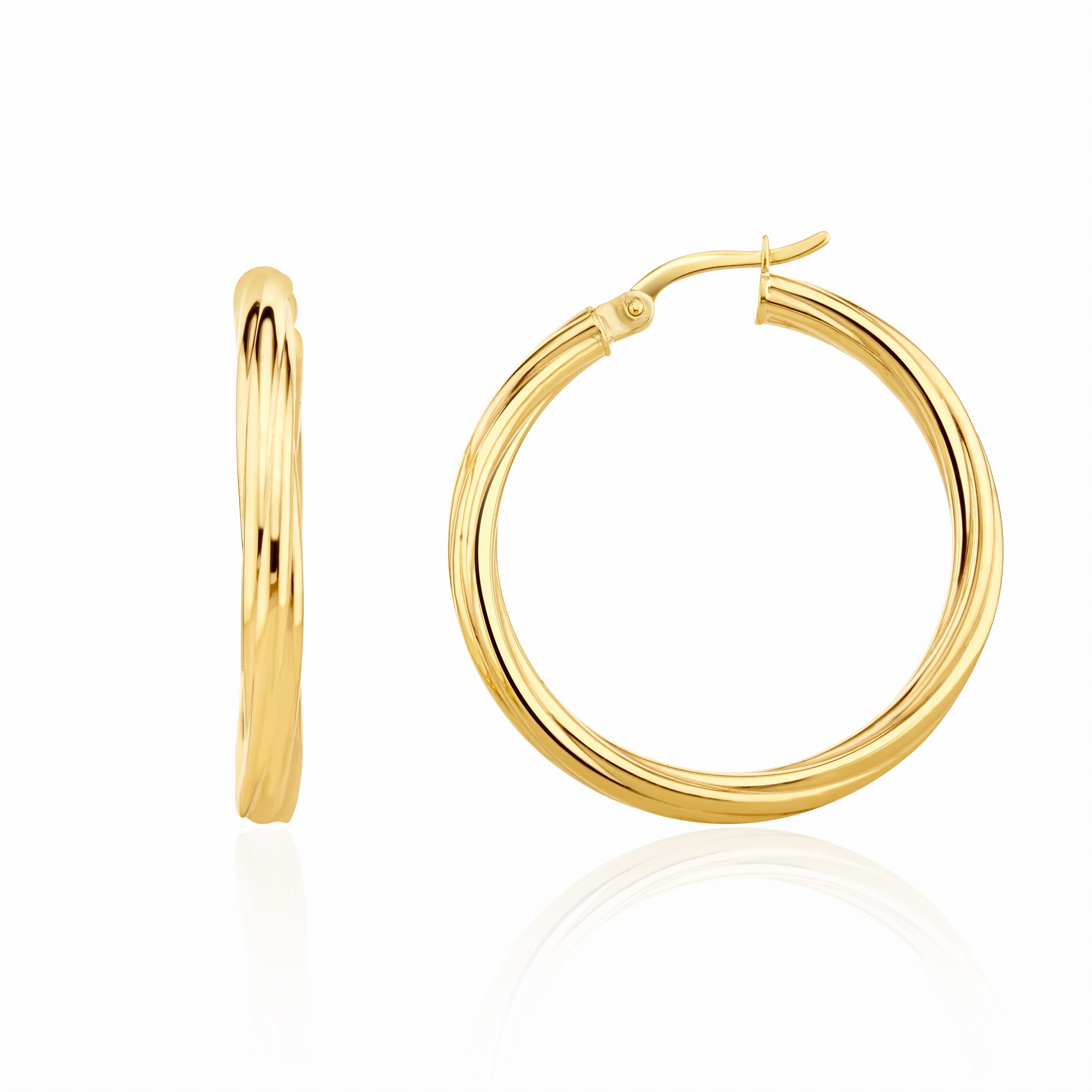 9CT YELLOW GOLD 3MM TWIST HOOP EARRINGS. 31MM OUTER DIAMETER