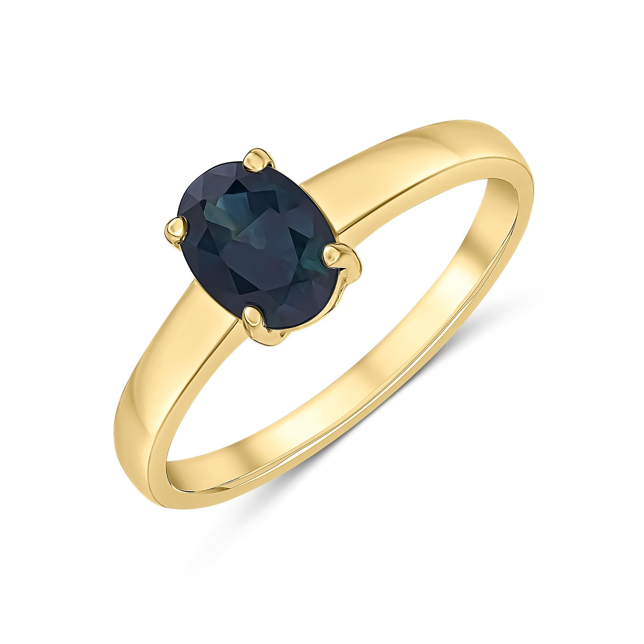 9CT YG 7X5MM OVAL SAPPHIRE 4 CLAW SINGLE STONE RING
