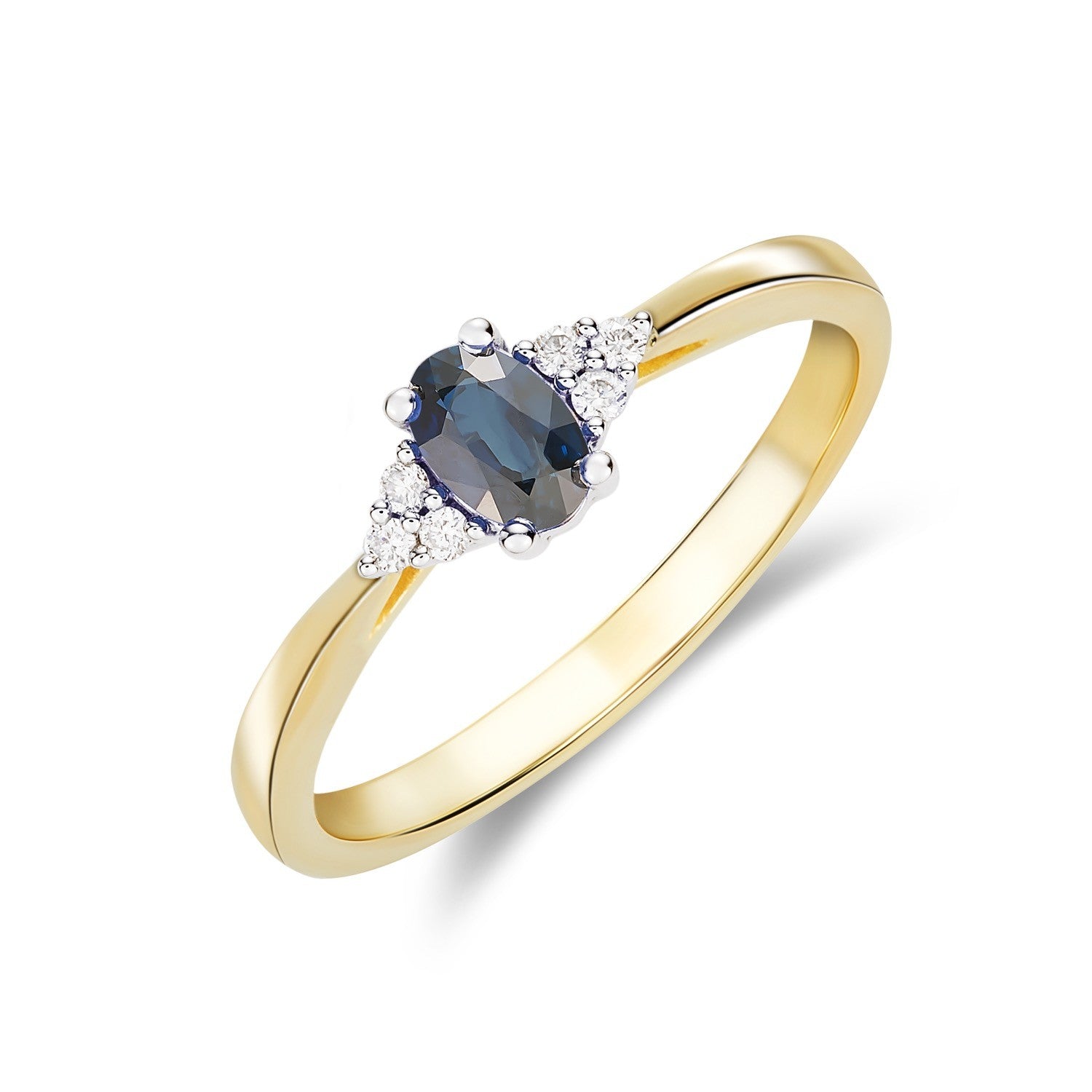 9CT YWG 6X4 OVAL SAPPHIRE AND ROUND DIAMOND TREFOIL SHOULDERS RING