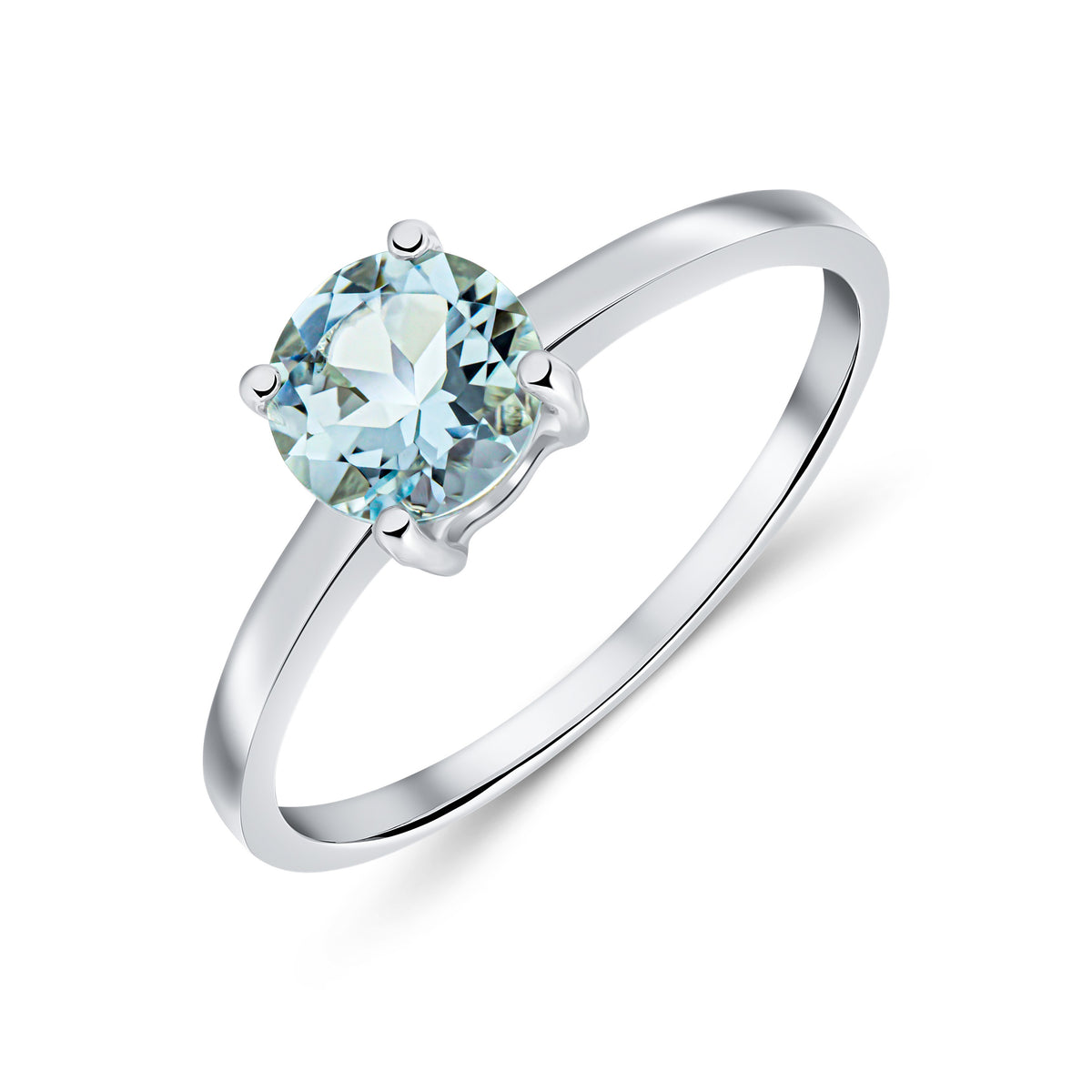9CT WG 6MM ROUND AQUA 4 CLAW SINGLE STONE RING