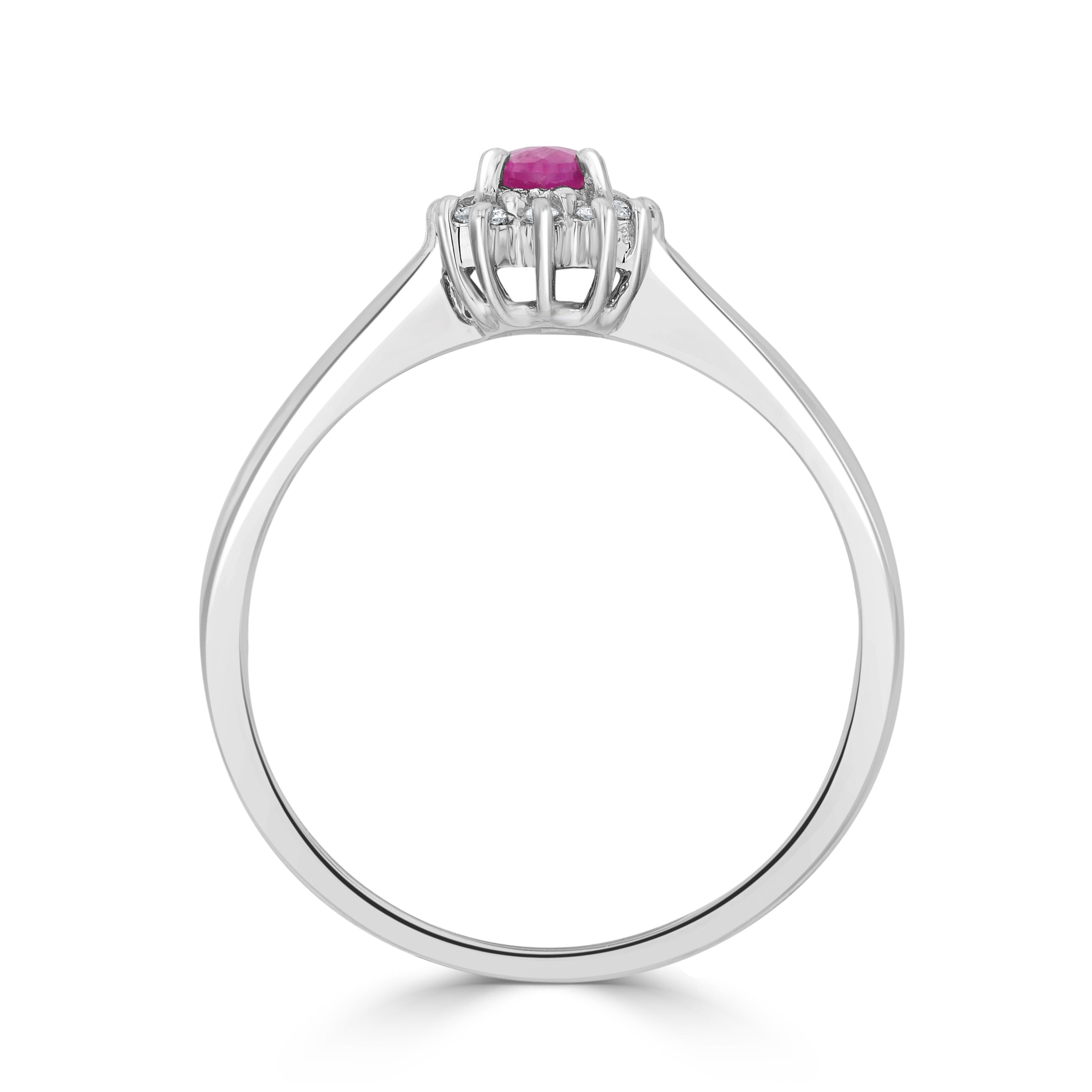 9CT WG 5X3 OVAL RUBY & DIAMOND CLAW SET CLUSTER RING