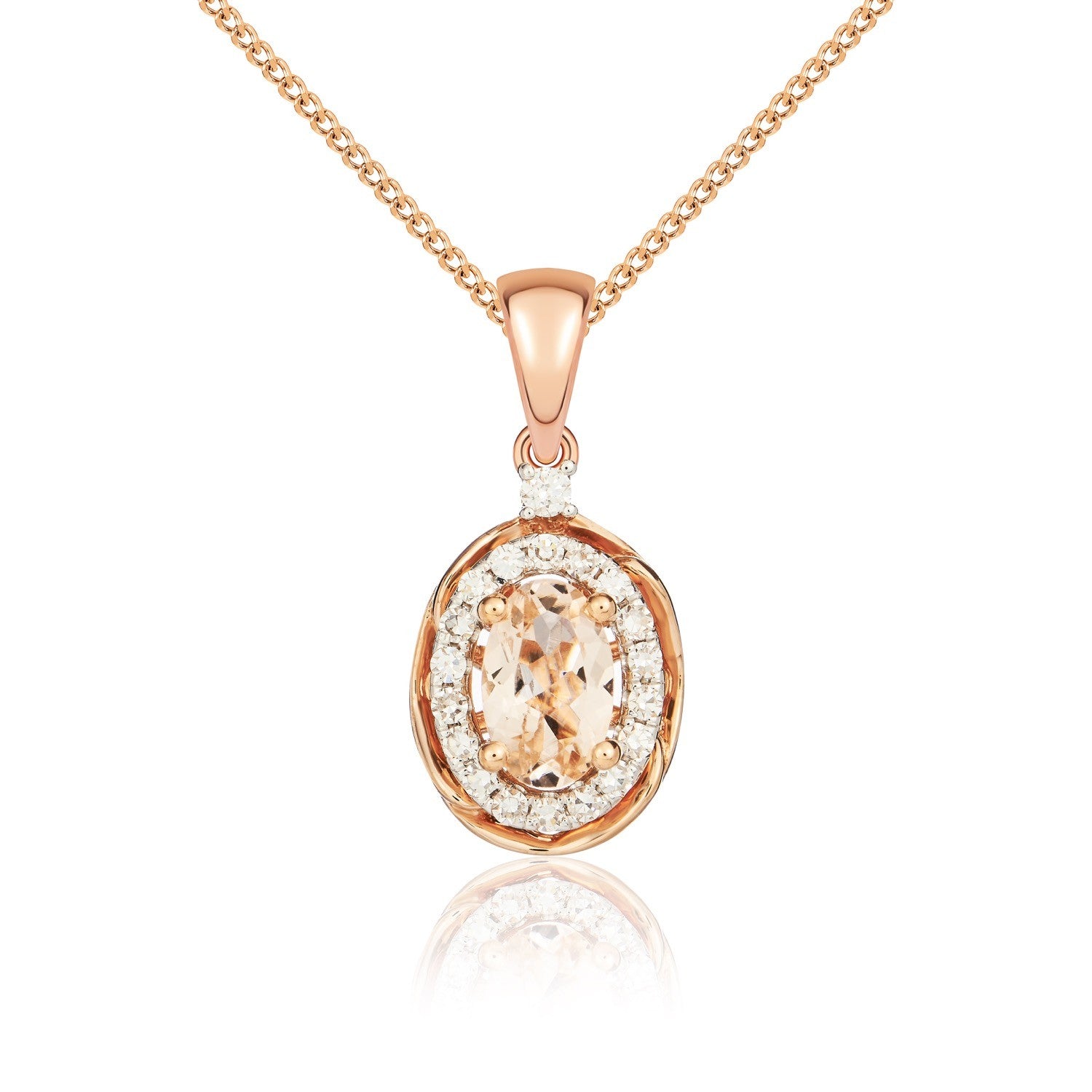 9CT RG 6X4 OVAL MORGANITE & DIAMOND CLUSTER PENDANT WITH ROPE EDGE. RHODIUM TO DIAMONDS