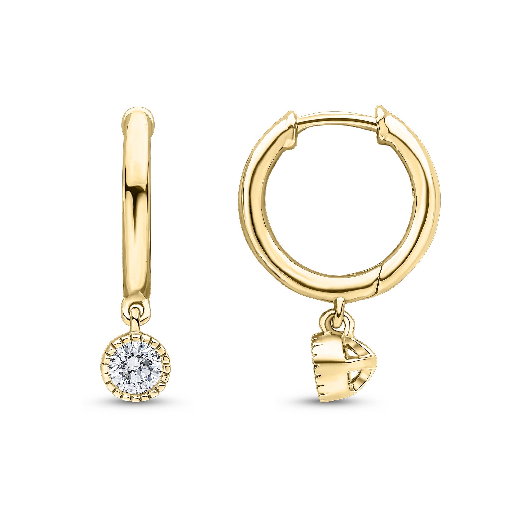 18CT YG PLAIN HOOP WITH MILLEGRAIN SET ROUND DIAMOND DROP. 0.30CT