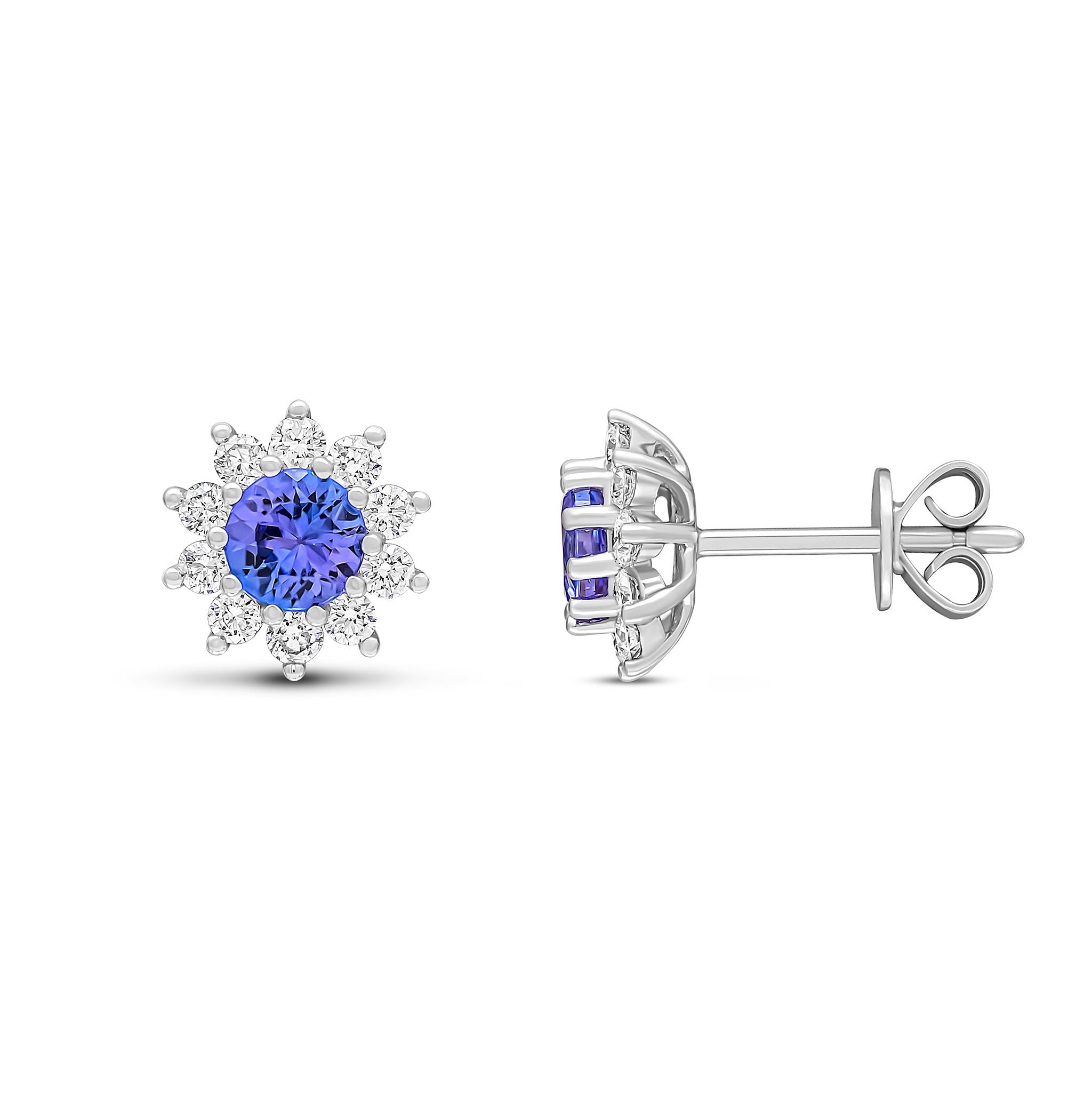 18CT WG 4.5MM ROUND TANZANITE & ROUND DIAMOND CLAW CLUSTER EARRINGS