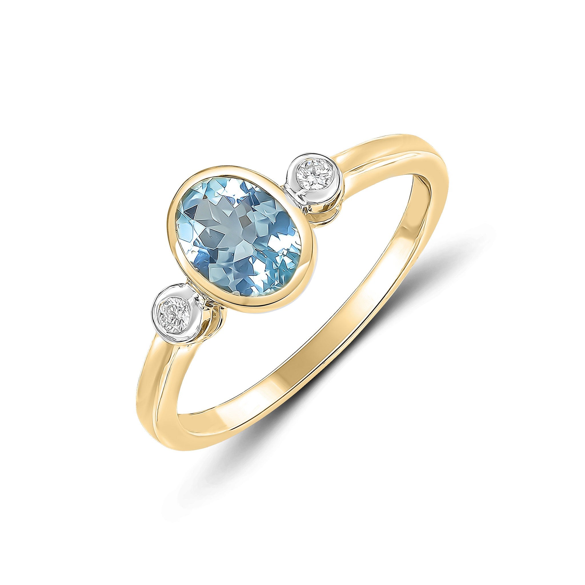9CT YG 7X5 OVAL AQUA AND ROUND DIAMOND 3ST RUBOVER RING. RHODIUM TO DIAMONDS