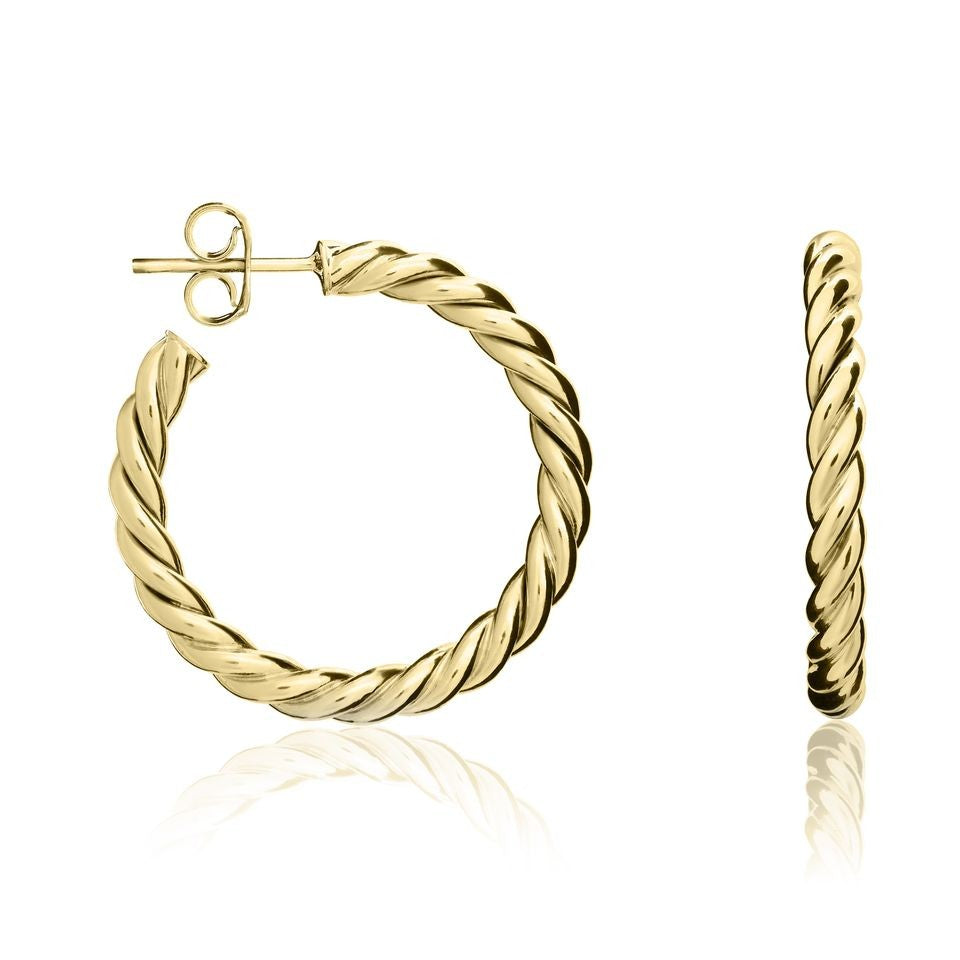 9CT YELLOW GOLD ROPE TWIST PEG & SCROLL HOOP EARRINGS. 26MM DIAMETER