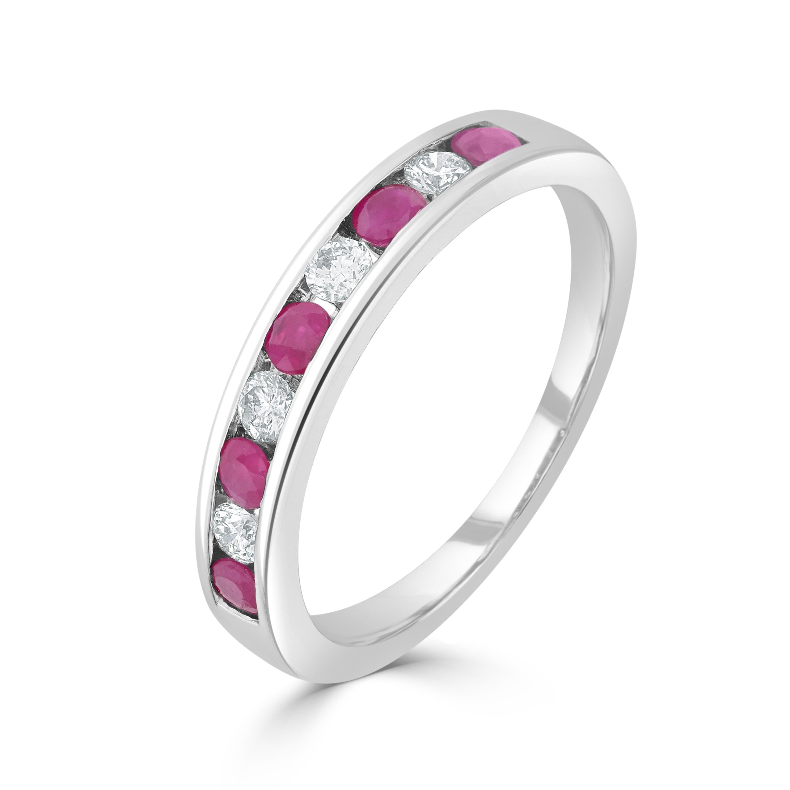 9CT WG ROUND RUBY AND DIAMOND 9ST CHANNEL SET HALF ETERNITY RING