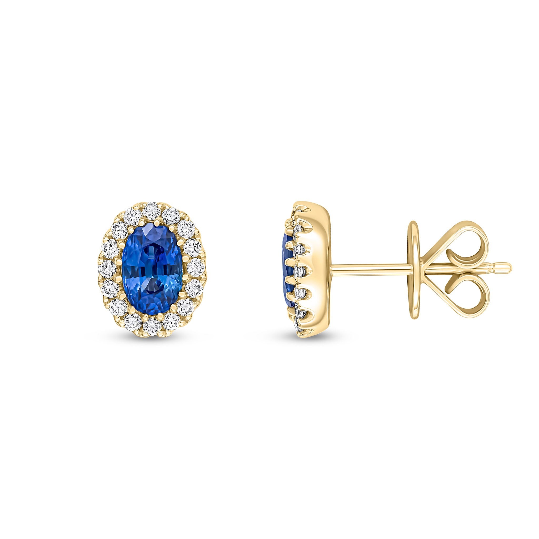 18CT YG 6X4 OVAL SAPPHIRE AND ROUND DIAMOND CLAW CLUSTER EARRINGS