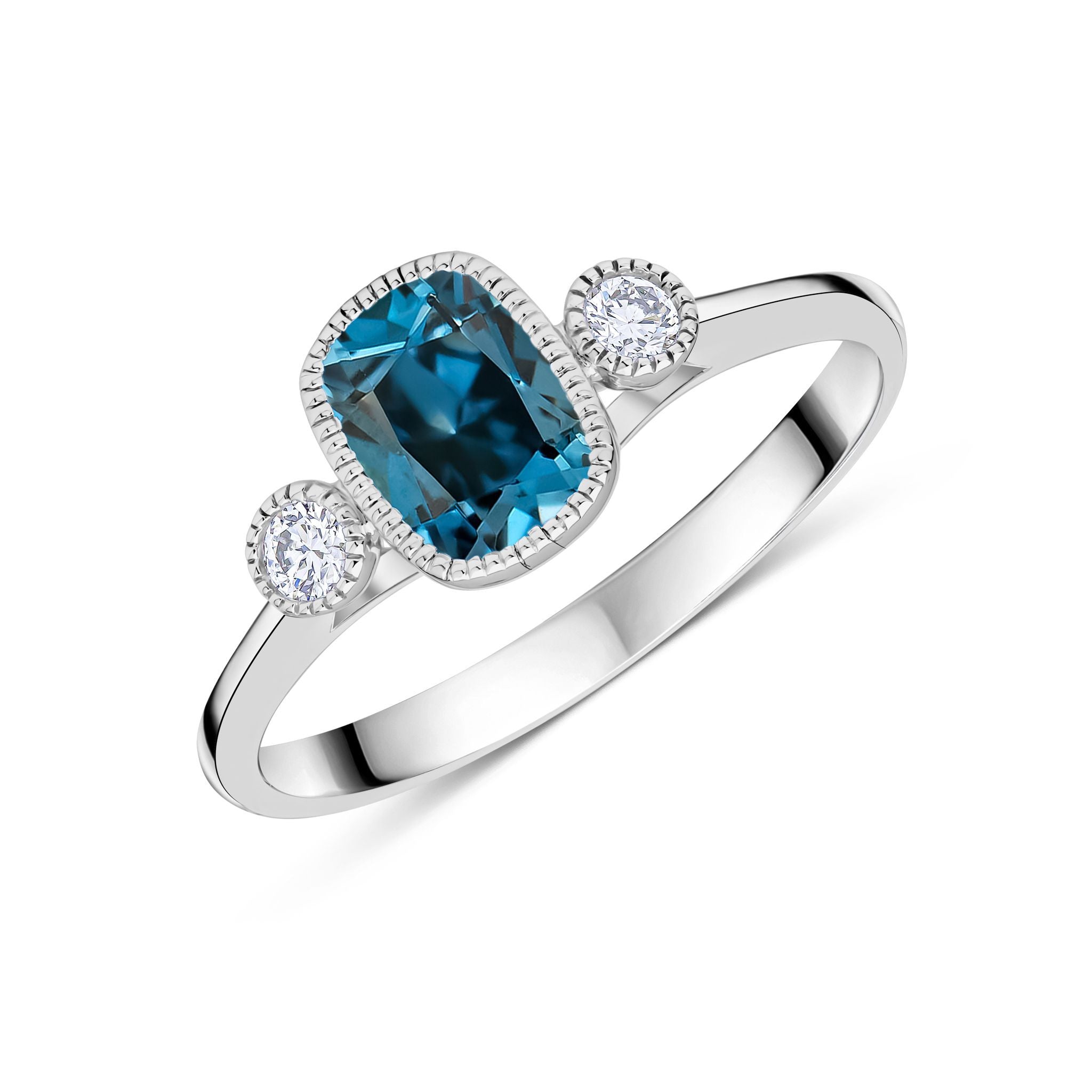 9CT WG 7X5 CUSHION LONDON BLUE TOPAZ & ROUND DIAMOND MILLEGRAIN SET 3ST RING