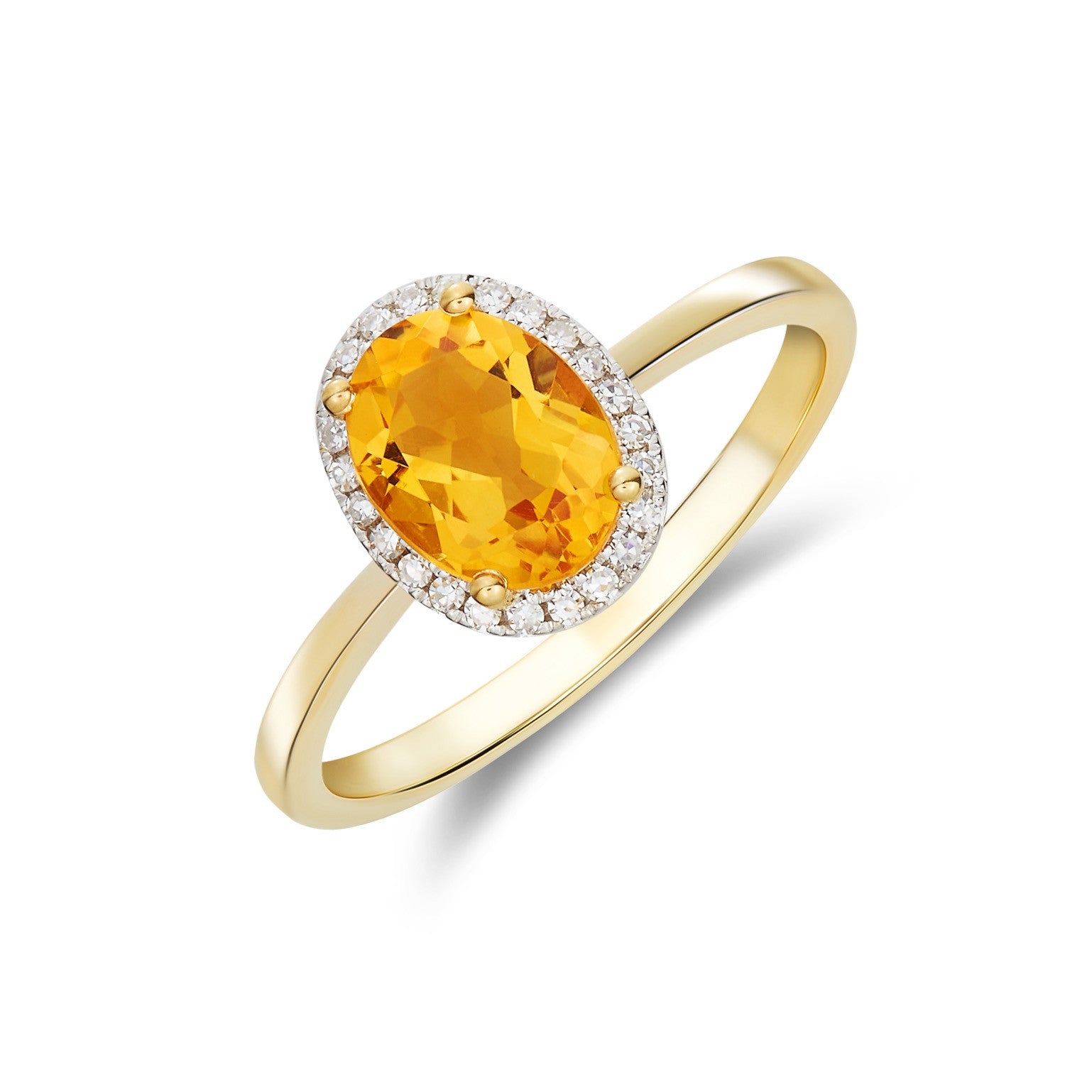 9CT YG 8X6 OVAL CITRINE AND DIAMOND CLAW SET CLUSTER RING. RHODIUM TO DIAMONDS