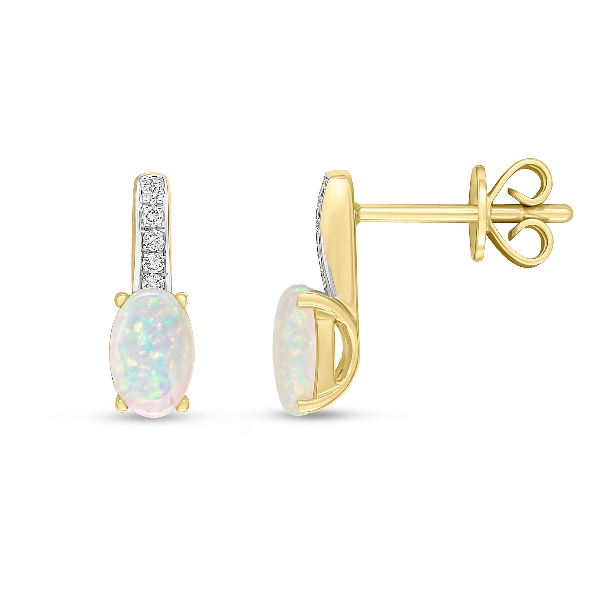 18CT YG 6X4MM OVAL OPAL & DIAMOND GRAIN SET BAR TOP EARRINGS. RHODIUM TO DIAMONDS