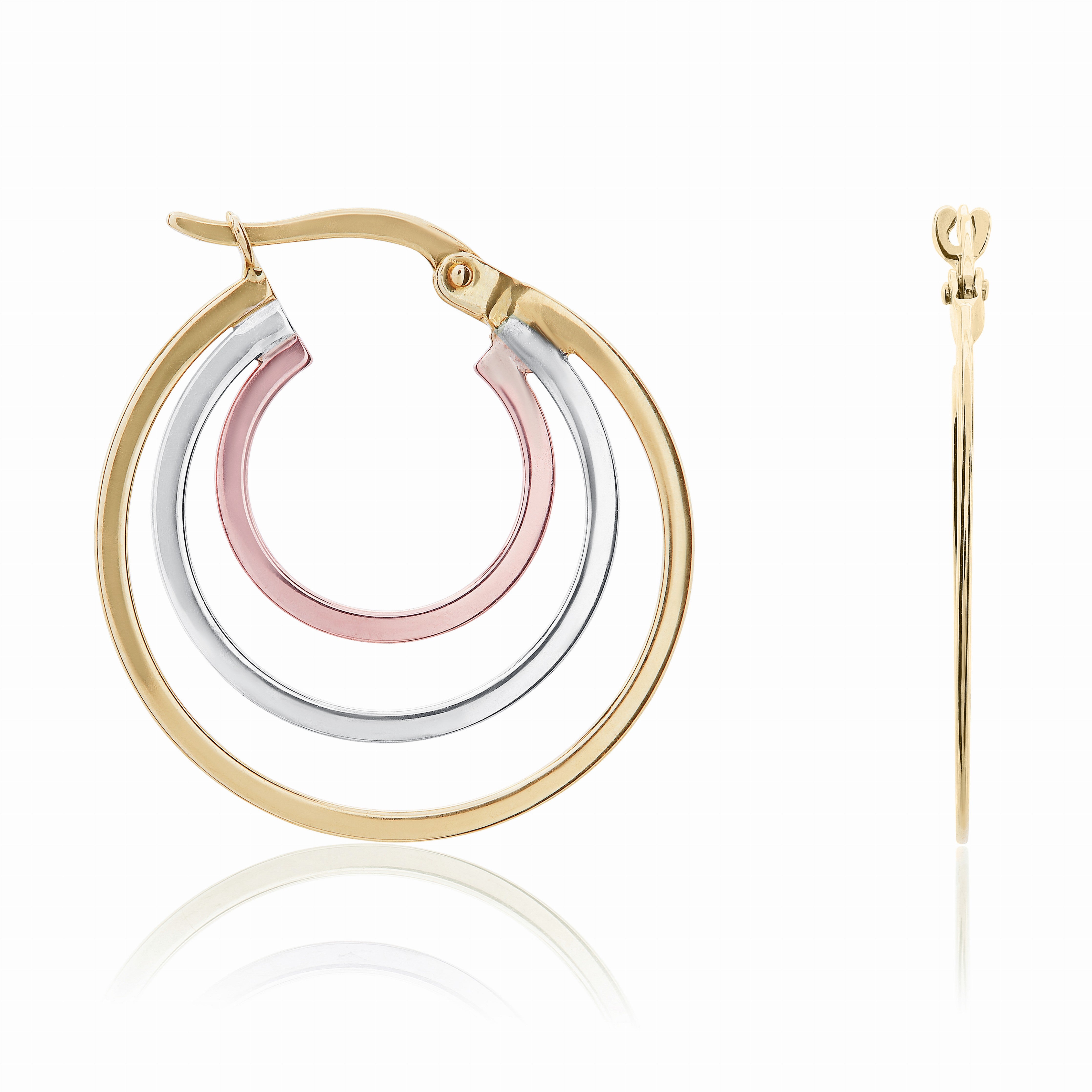 9CT YELLOW, WHITE AND ROSE GOLD FLAT TRIPLE HOOP EARRINGS