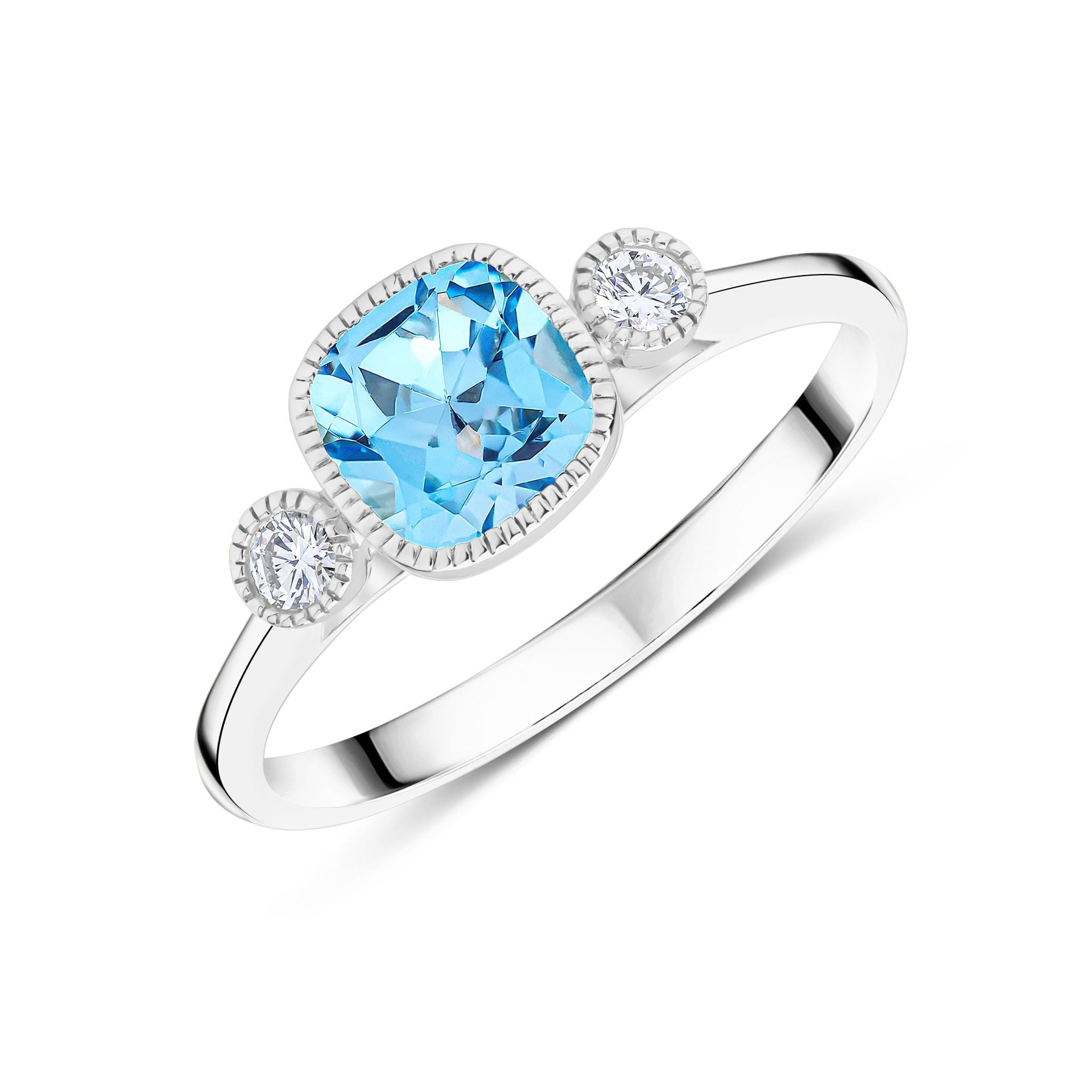 9CT WG 6MM CUSHION SWISS BLUE TOPAZ & ROUND DIAMOND MILLEGRAIN SET 3ST RING