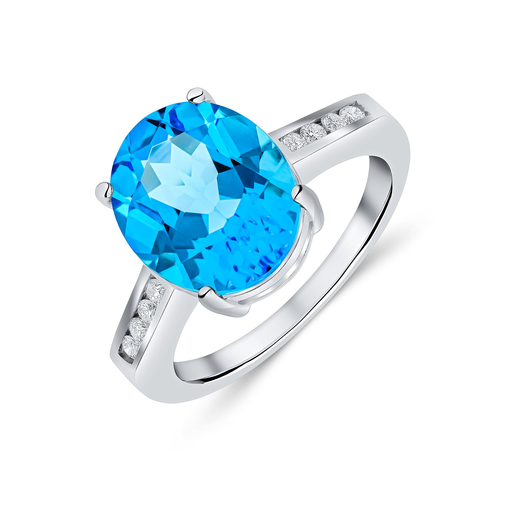 9CT WG 12X10MM CLAW SET OVAL SWISS BLUE TOPAZ SINGLE STONE RING WITH CHANNEL SET DIAMOND SHOULDERS