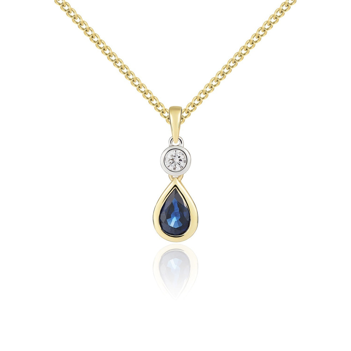 18CT YWG PEARSHAPE SAPPHIRE AND ROUND DIAMOND RUBOVER 2ST PENDANT