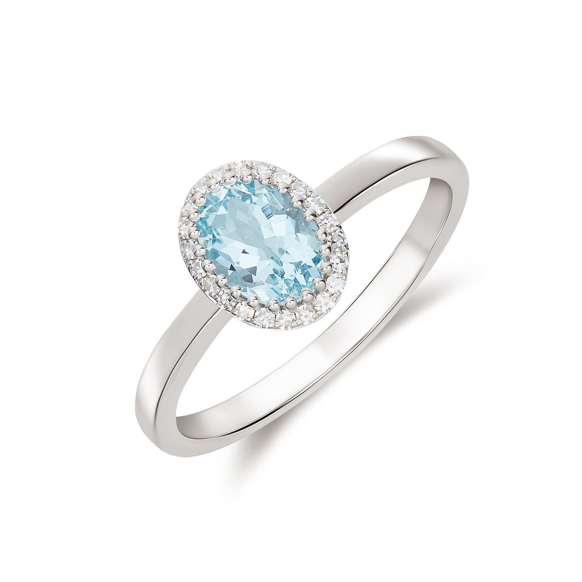 9CT WG 7X5 OVAL AQUA AND ROUND DIAMOND CLAW SET CLUSTER RING