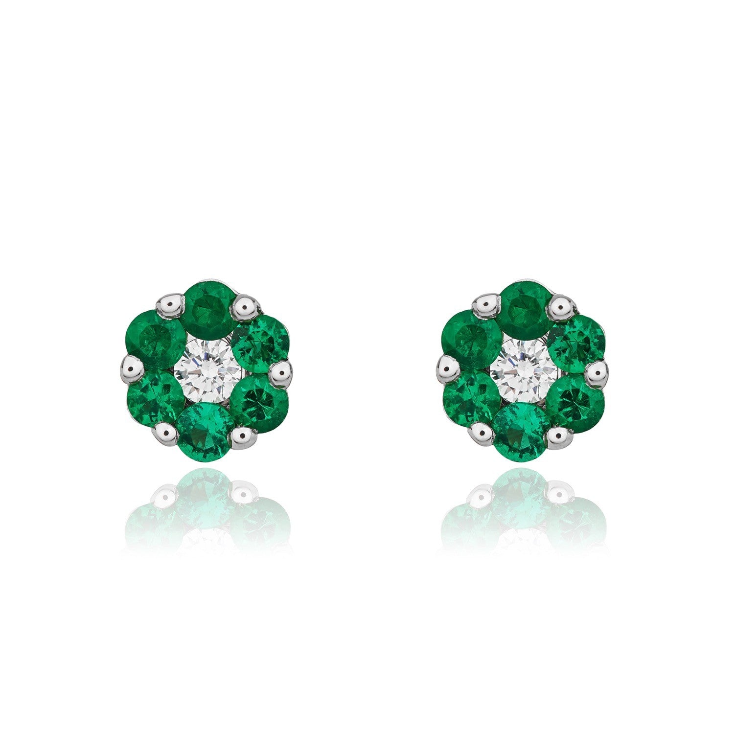 18CT WG EMERALD AND DIAMOND ROUND REVERSE CLUSTER EARRINGS