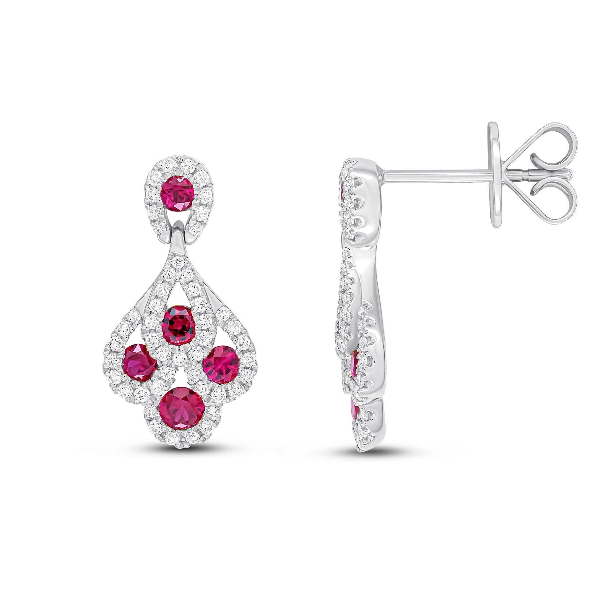 18CT WG ROUND RUBY AND DIAMOND 'PEACOCK' DROP EARRINGS