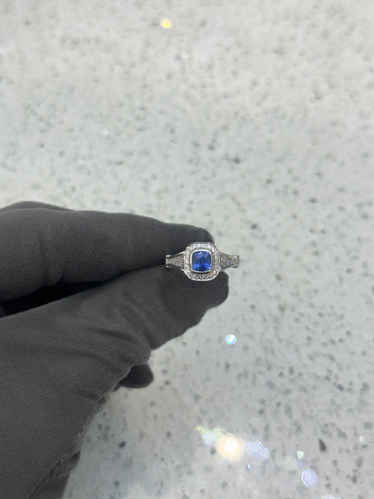 Platinum Blue Cushion Sapphire & Diamond Multi Pave Legend Shank Ring