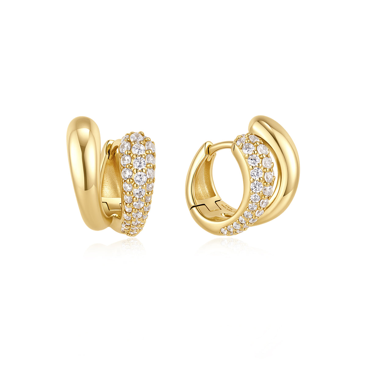 Gold Spiral Half Pavé & Polish Huggie Hoop Earrings