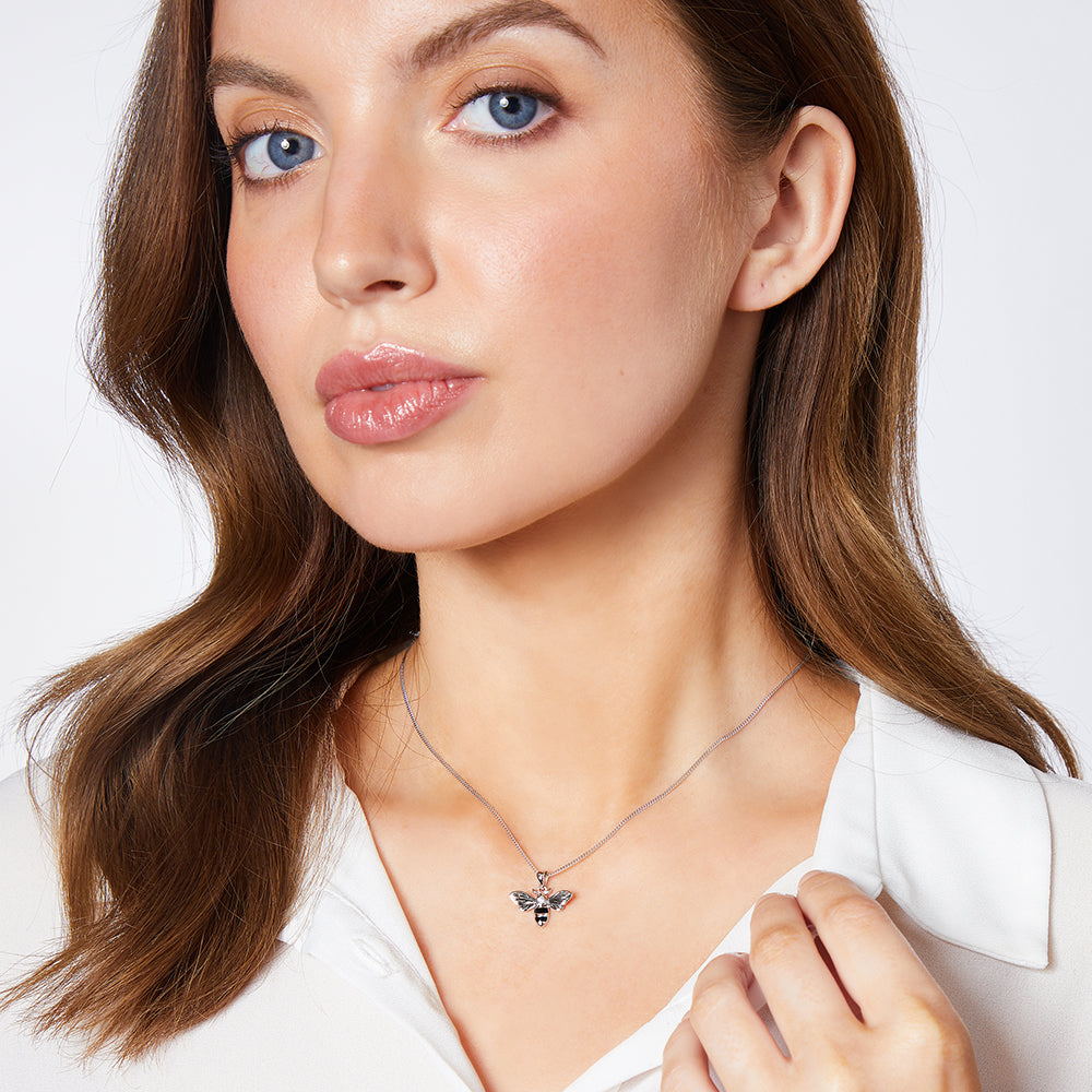 Sterling Silver Black Enamel Striped Bee Necklace