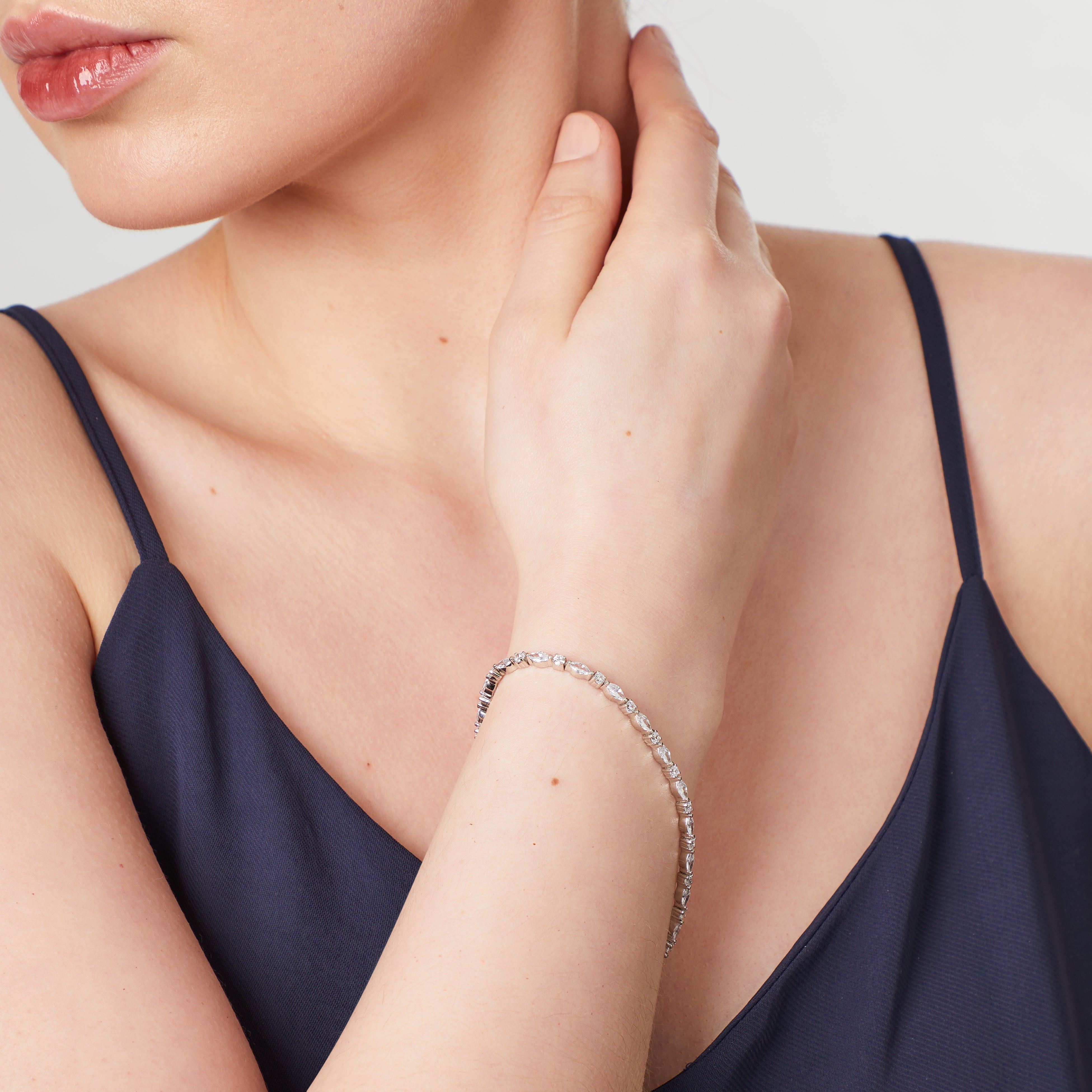 Sterling Silver Marquise And Round Cubic Zirconia Tennis Bracelet