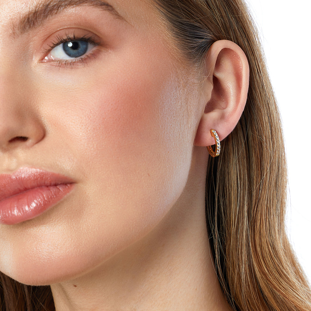 Yellow Gold Small Hoop Earrings Set With Cubic Zirconia's.