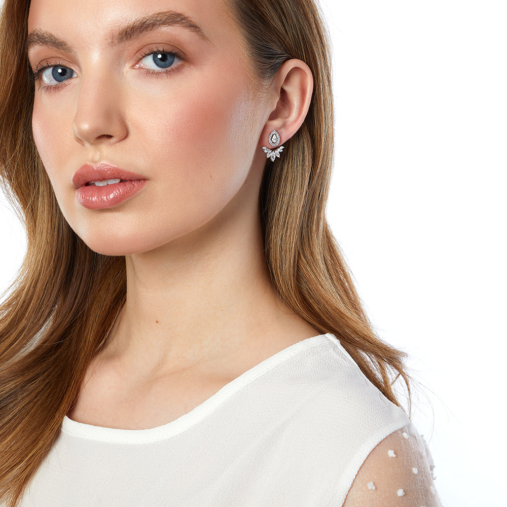 Sterling Silver Cubic Zirconia Pear Drop Marquise Jacket Earrings