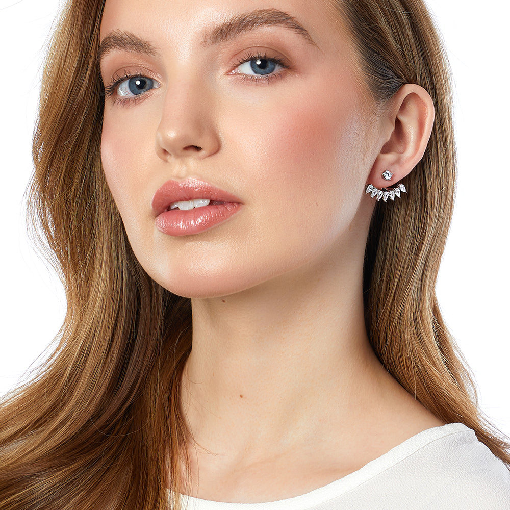 Sterling Silver Cubic Zirconia Fan Shape Jacket Earrings