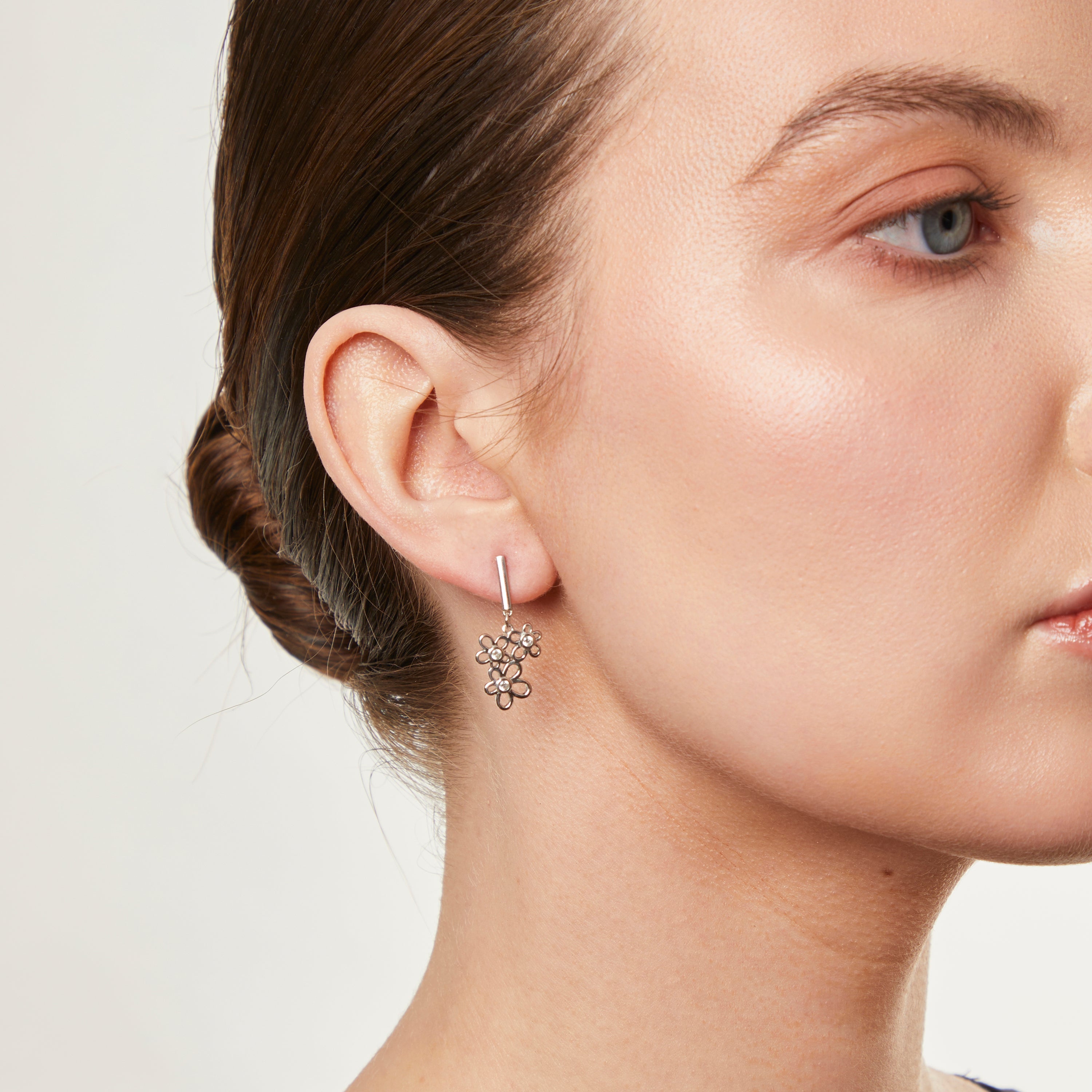 Silver Triple Flower Cubic Zirconia Drop Earrings