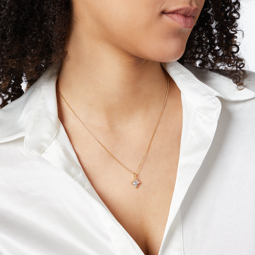 Yellow Gold Offset Square Cubic Zirconia Pendant