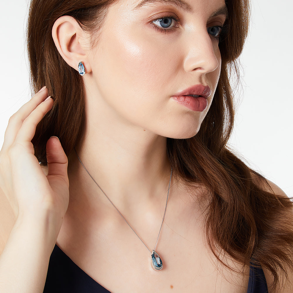 Sterling Silver Blue Topaz Teardrop Zirconia Earrings