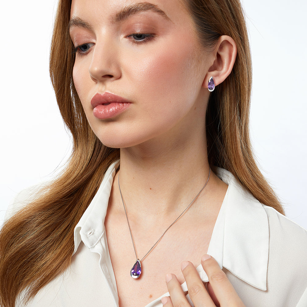 Sterling Silver Amethyst Pear Shape Cubic Zirconia Pendant