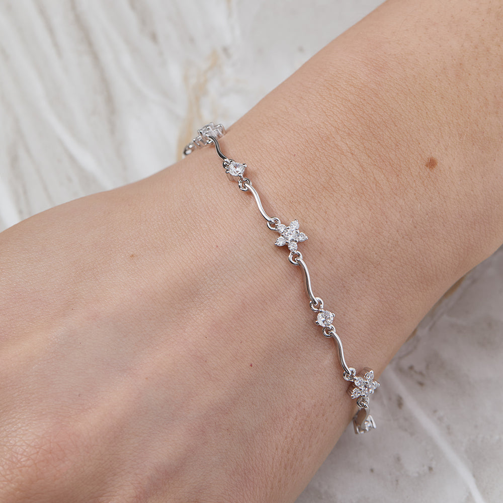 Sterling Silver Bracelet Set With Alternating Flowers