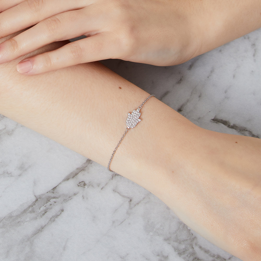 Sterling Silver and Cubic Zirconia Hamsa Hand Bracelet