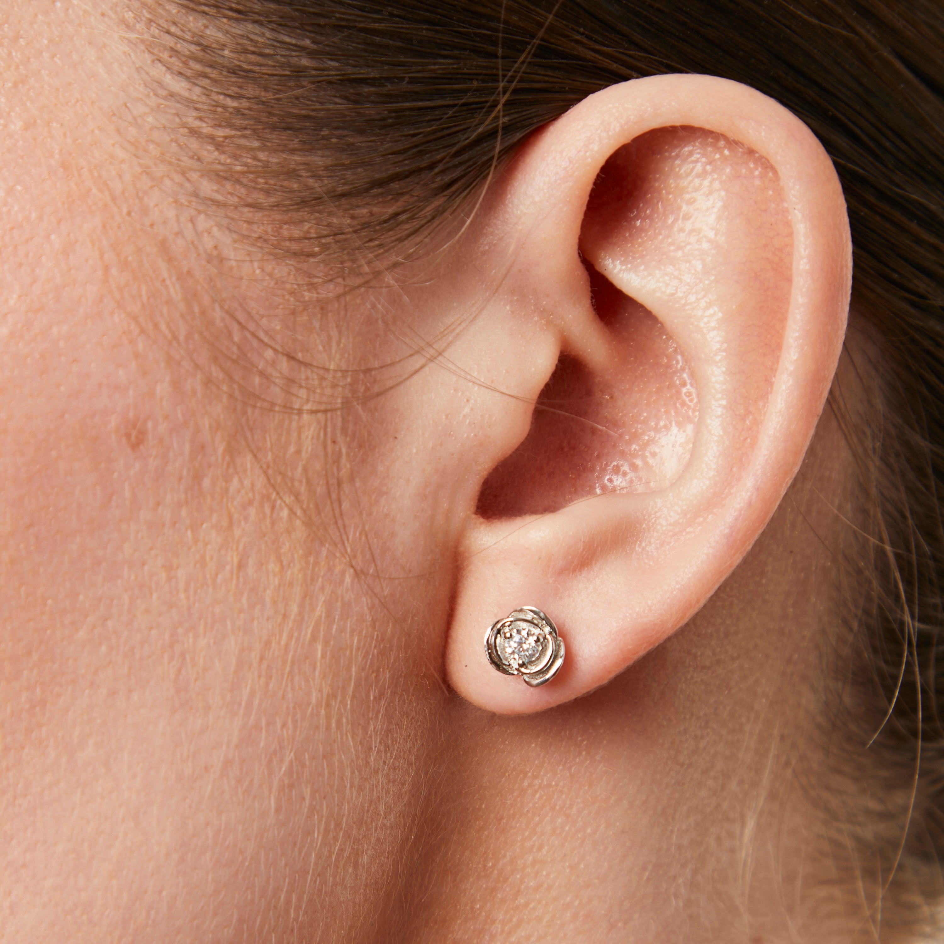 Sterling Silver Cubic Zirconia Rose Bud Stud Earrings | Textured Floral Silver Studs