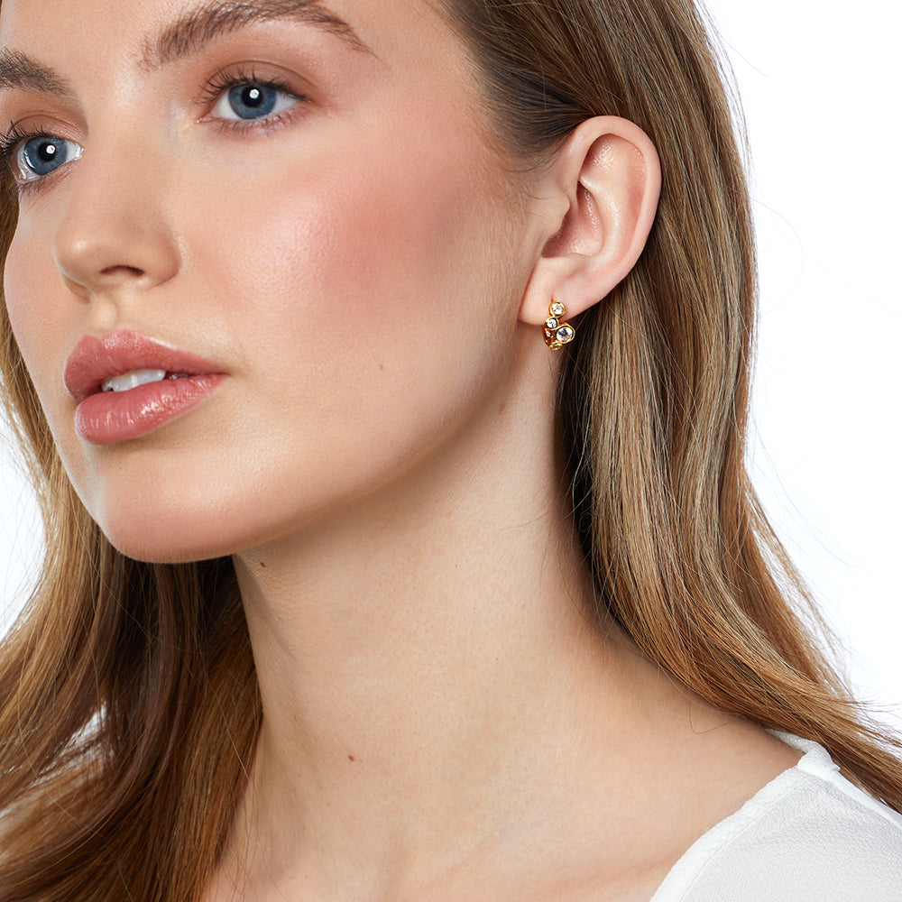 Yellow Gold Huggie Bubble Earrings Set With Zirconia Stones