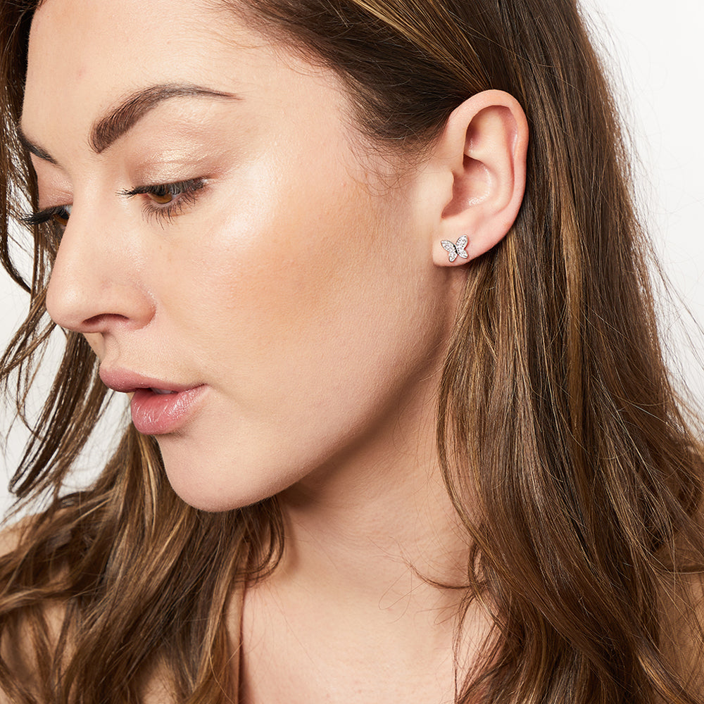 Sterling Silver Dainty Butterfly Stud Earrings - Micro Pavé Cubic Zirconia