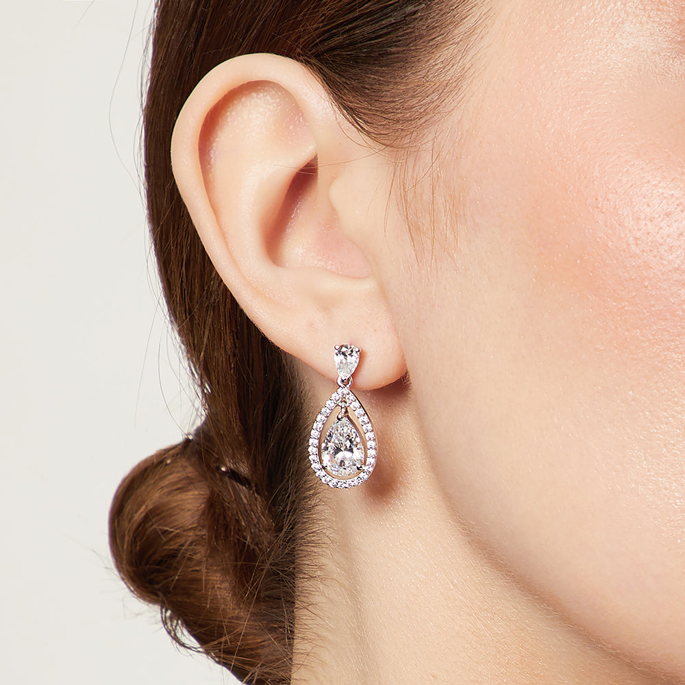 Sterling Silver Halo Tear Drop Stud Earrings